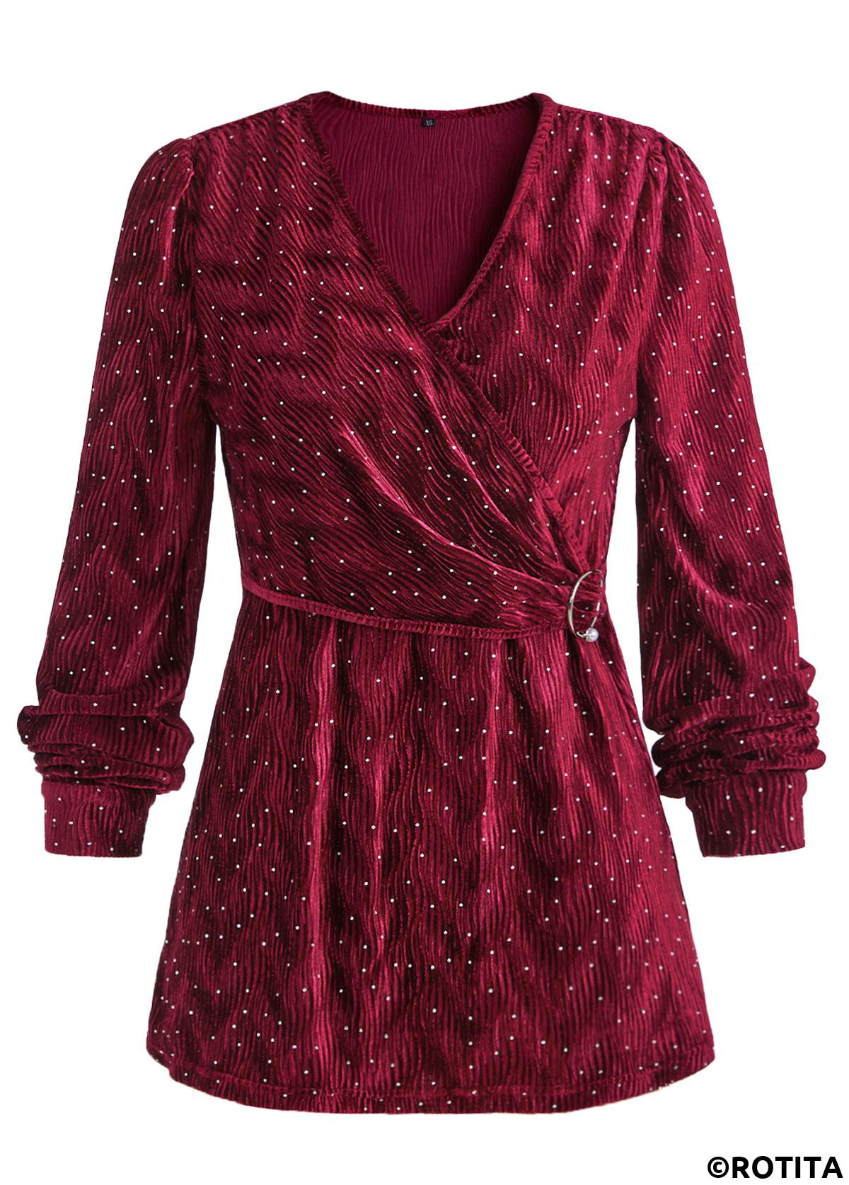 Wine Red tops,Plain Color tops,ROTITA Velvet Wine Red V Neck Long Sleeve Blouse