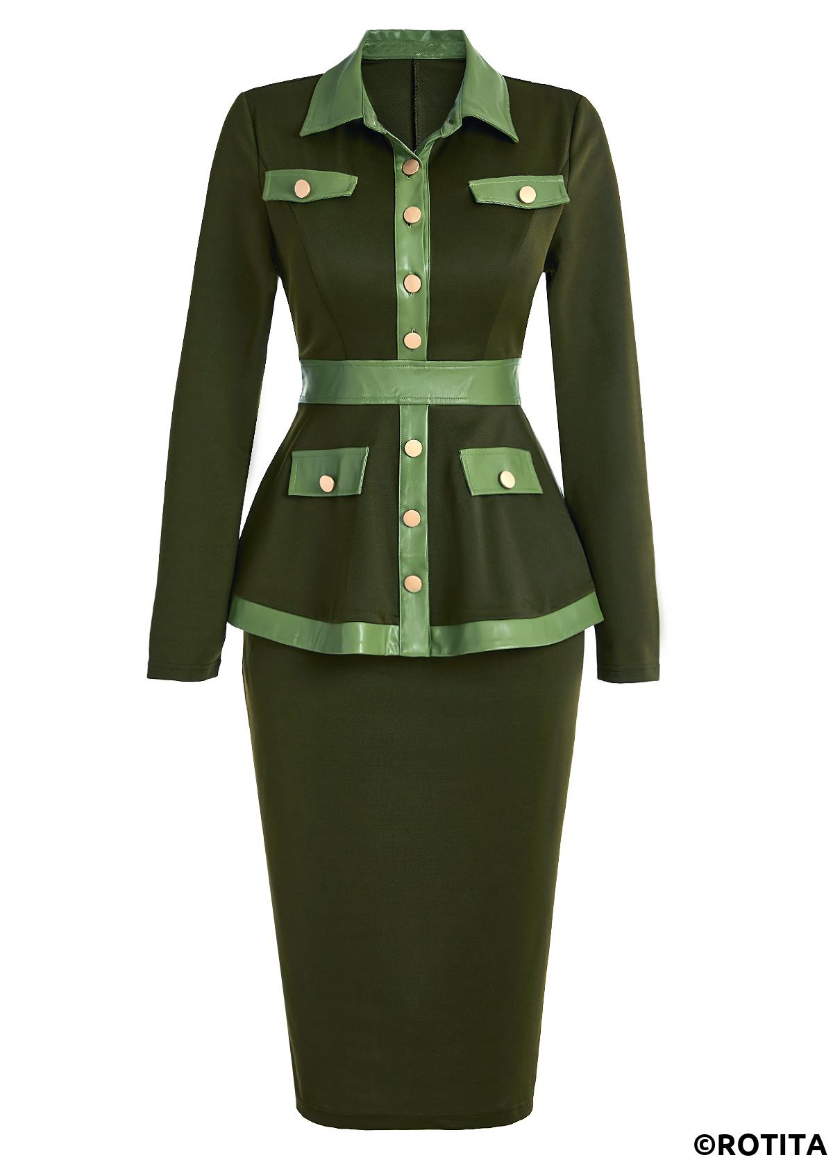 Blackish Green dresses,Contrast Color dresses,Wear to Work dresses,Work dresses,ROTITA Vegan Leather Blackish Green Shirt Collar Dress