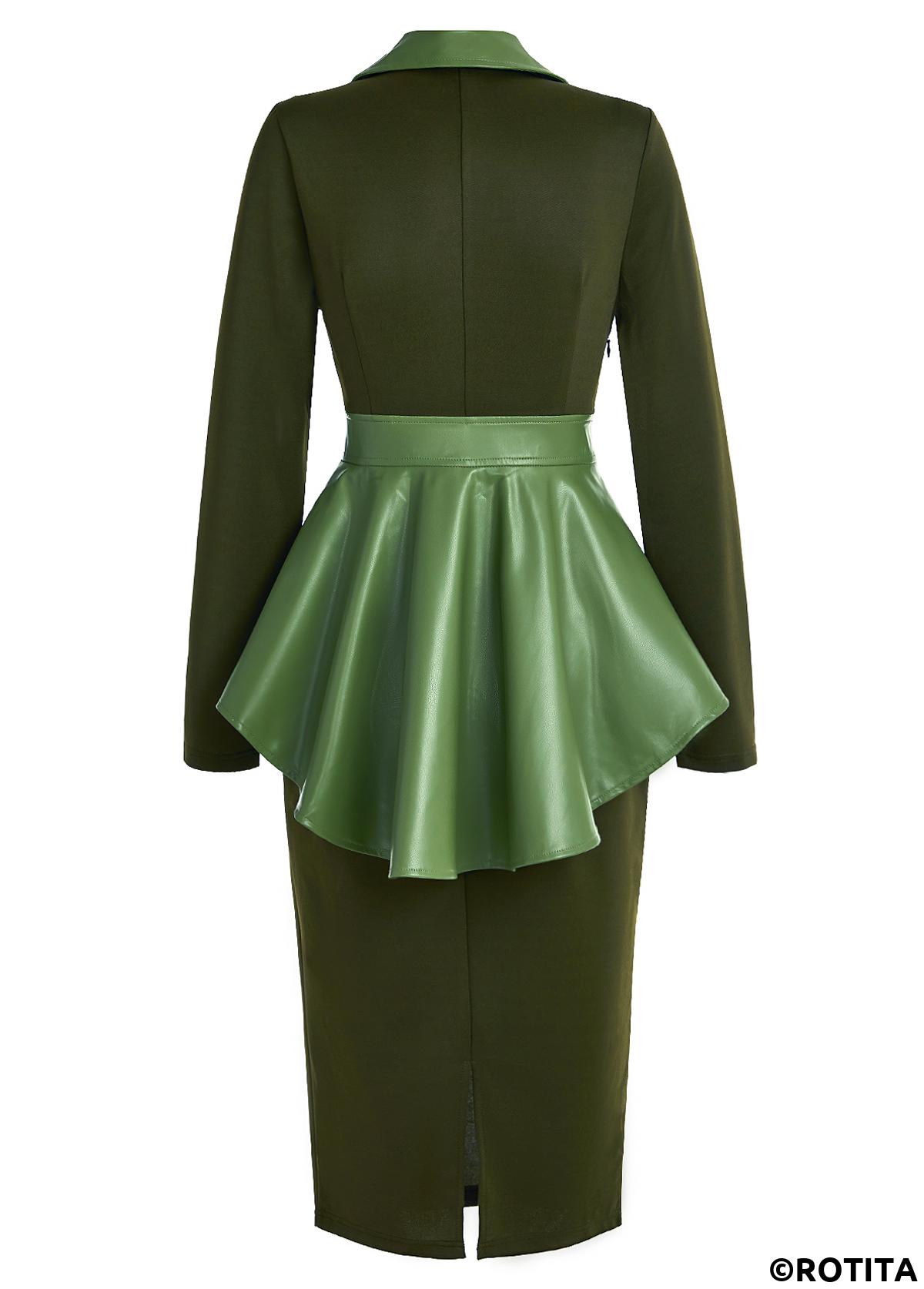 Blackish Green dresses,Contrast Color dresses,Wear to Work dresses,Work dresses,ROTITA Vegan Leather Blackish Green Shirt Collar Dress