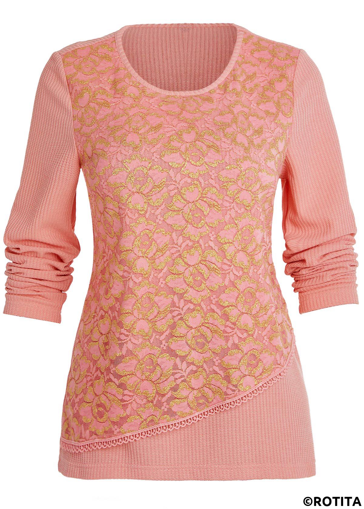 Dusty Pink tops,Plain Color tops,ROTITA Layered Dusty Pink Round Neck Long Sleeve T Shirt