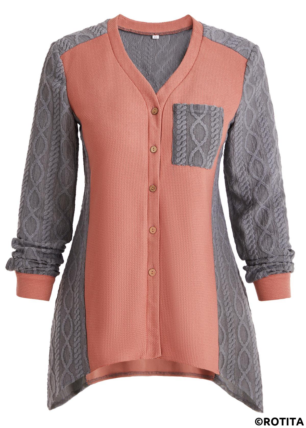 Orange tops,Grey tops,Contrast Color tops,ROTITA Patchwork Orange V Neck Long Sleeve Blouse