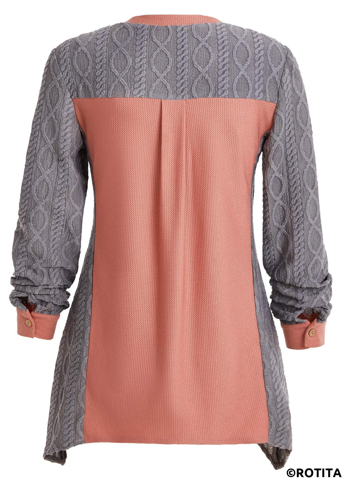 Orange tops,Grey tops,Contrast Color tops,ROTITA Patchwork Orange V Neck Long Sleeve Blouse