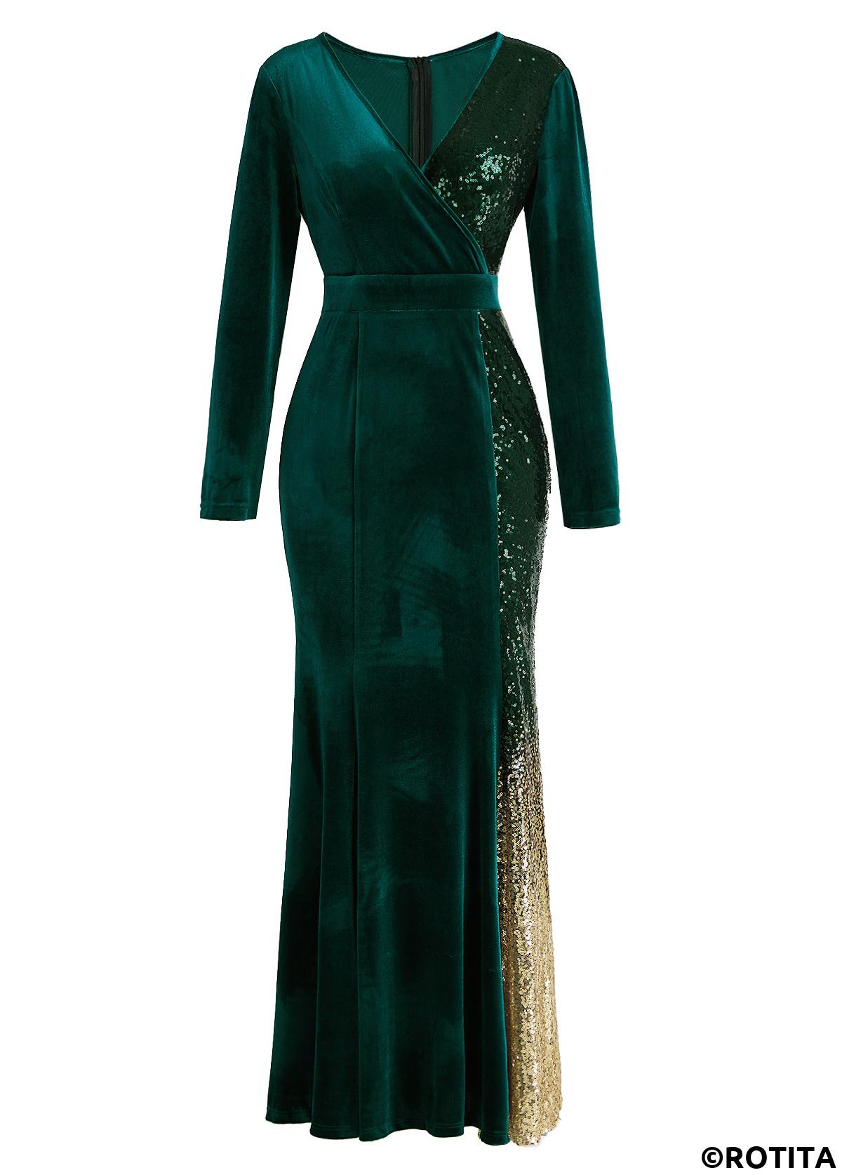Blackish Green dresses,Ombre dresses,Party dresses,Elegant dresses,ROTITA Mermaid Ombre Blackish Green Cross Collar Maxi Bodycon Dress