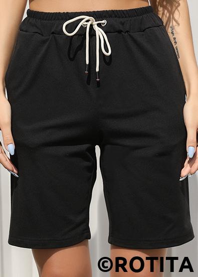 Black bottoms,Plain Color bottoms,Pocket Black Regular Drawastring High Waisted Shorts
