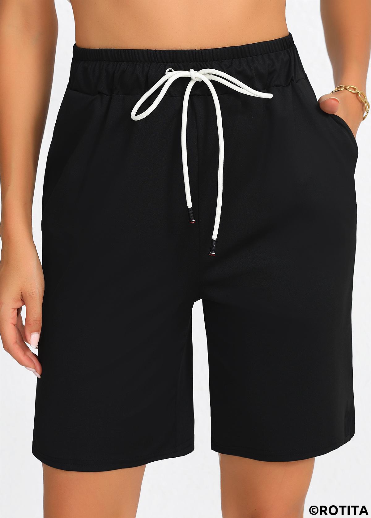 Black bottoms,Plain Color bottoms,Pocket Black Regular Drawastring High Waisted Shorts