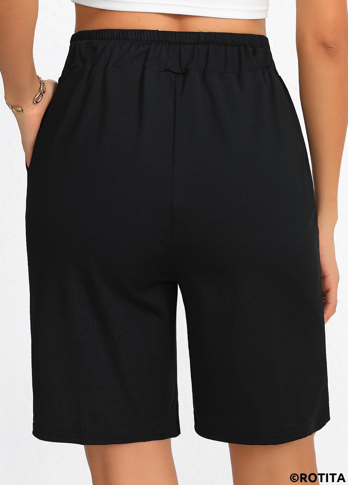 Black bottoms,Plain Color bottoms,Pocket Black Regular Drawastring High Waisted Shorts