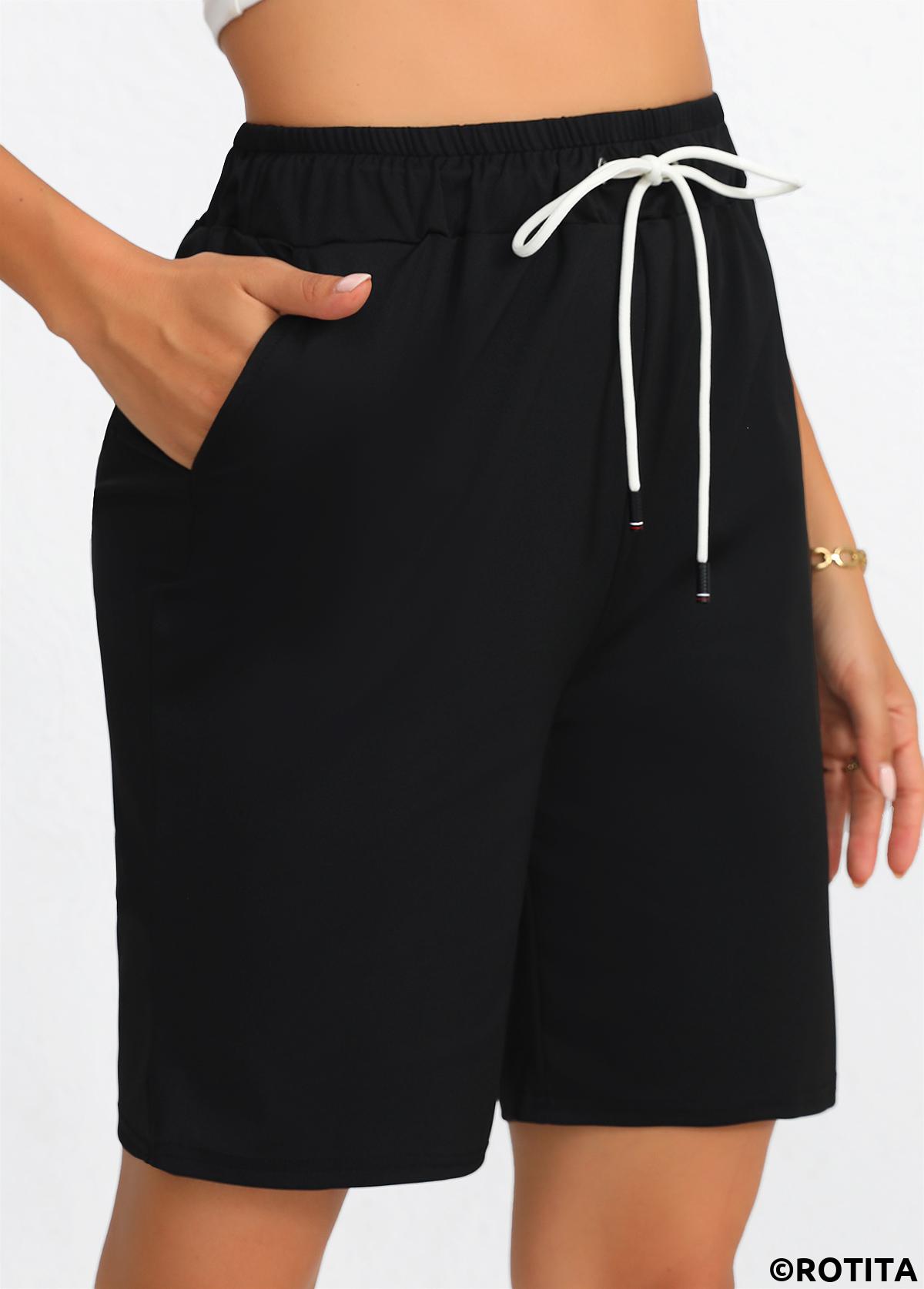Black bottoms,Plain Color bottoms,Pocket Black Regular Drawastring High Waisted Shorts