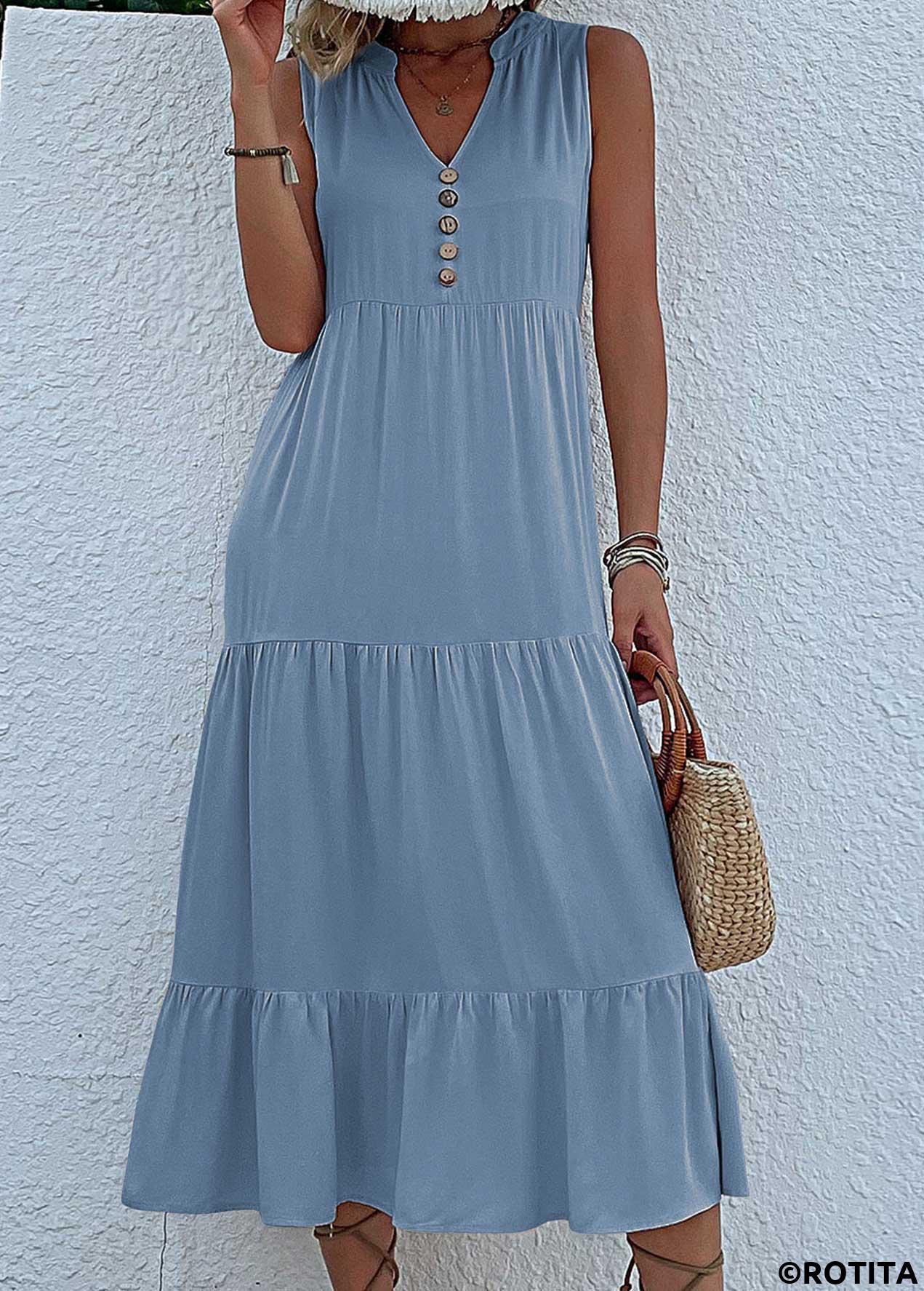 Dusty Blue dresses,Plain Color dresses,Everyday dresses,Casual dresses,Button Dusty Blue A Line Dress