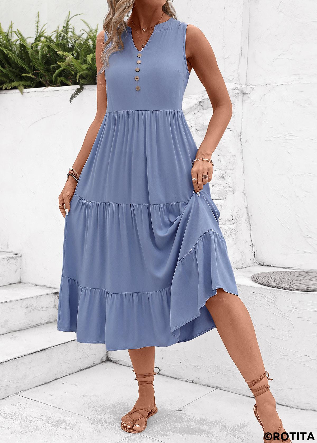Dusty Blue dresses,Plain Color dresses,Everyday dresses,Casual dresses,ROTITA Button Dusty Blue A Line Dress
