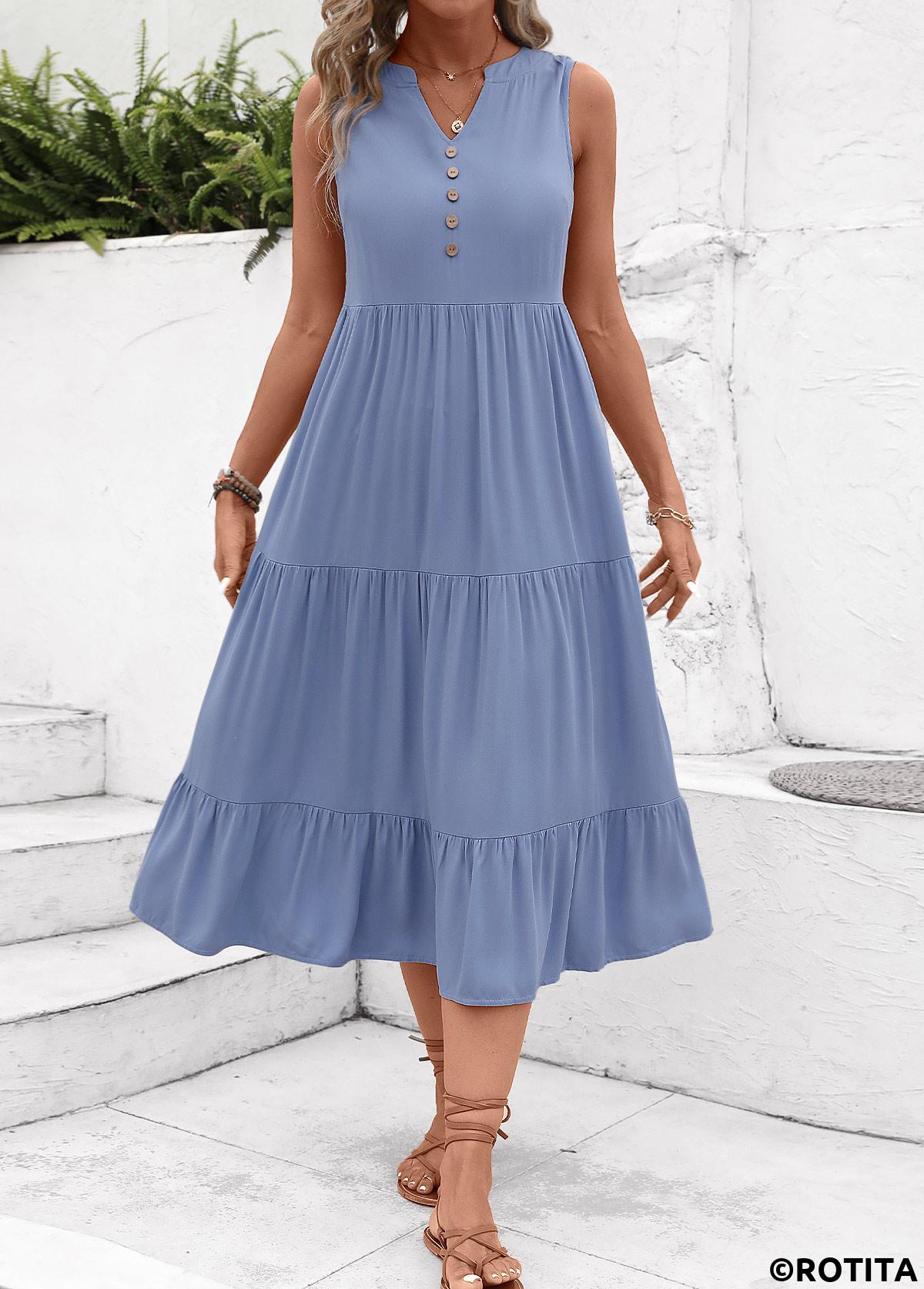 Dusty Blue dresses,Plain Color dresses,Everyday dresses,Casual dresses,ROTITA Button Dusty Blue A Line Dress