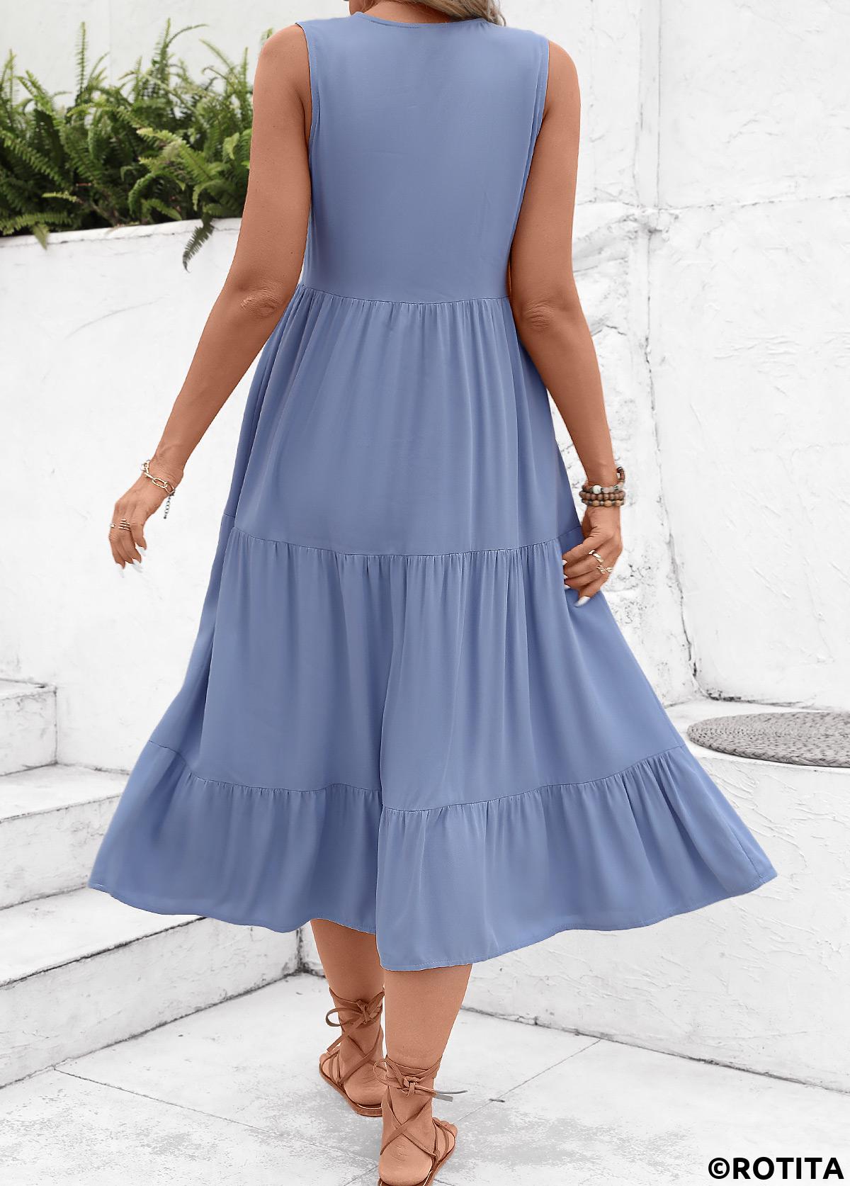 Dusty Blue dresses,Plain Color dresses,Everyday dresses,Casual dresses,ROTITA Button Dusty Blue A Line Dress