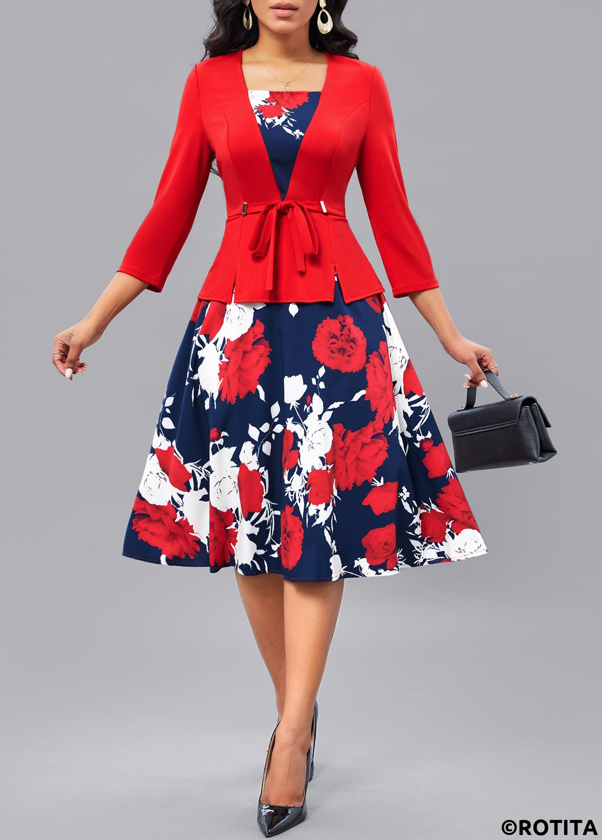 Red dresses,Navy dresses,Floral dresses,Plants dresses,Party dresses,Elegant dresses,ROTITA Fake 2in1 Floral Print Red Belted Square Neck Dress