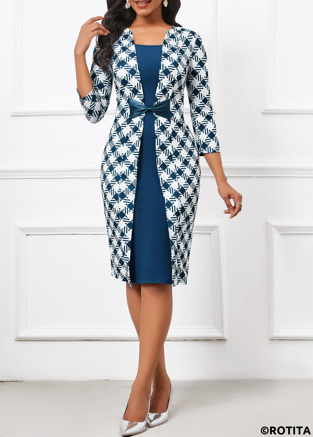 Blue dresses,Plaid dresses,Geometric dresses,Striped dresses,Wear to Work dresses,Work dresses,ROTITA Patchwork Plaid Blue Square Neck Dress