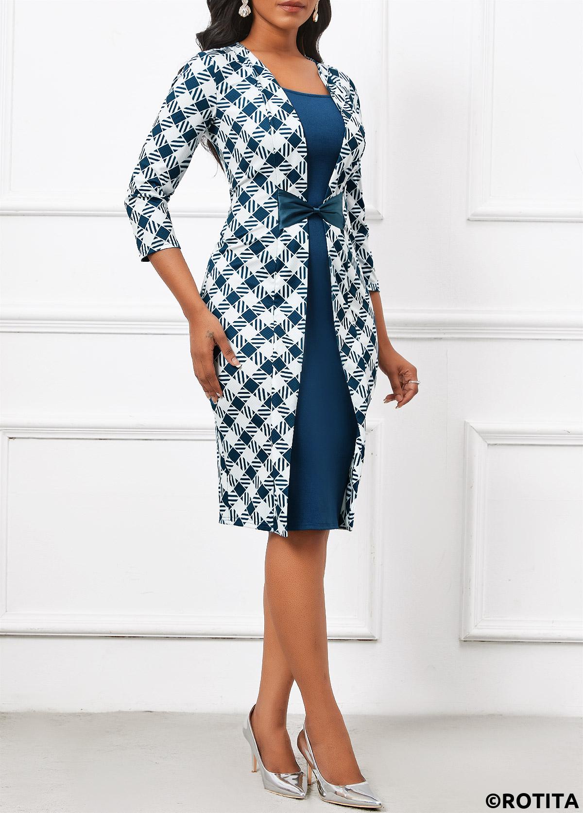 Blue dresses,Plaid dresses,Geometric dresses,Striped dresses,Wear to Work dresses,Work dresses,ROTITA Patchwork Plaid Blue Square Neck Dress