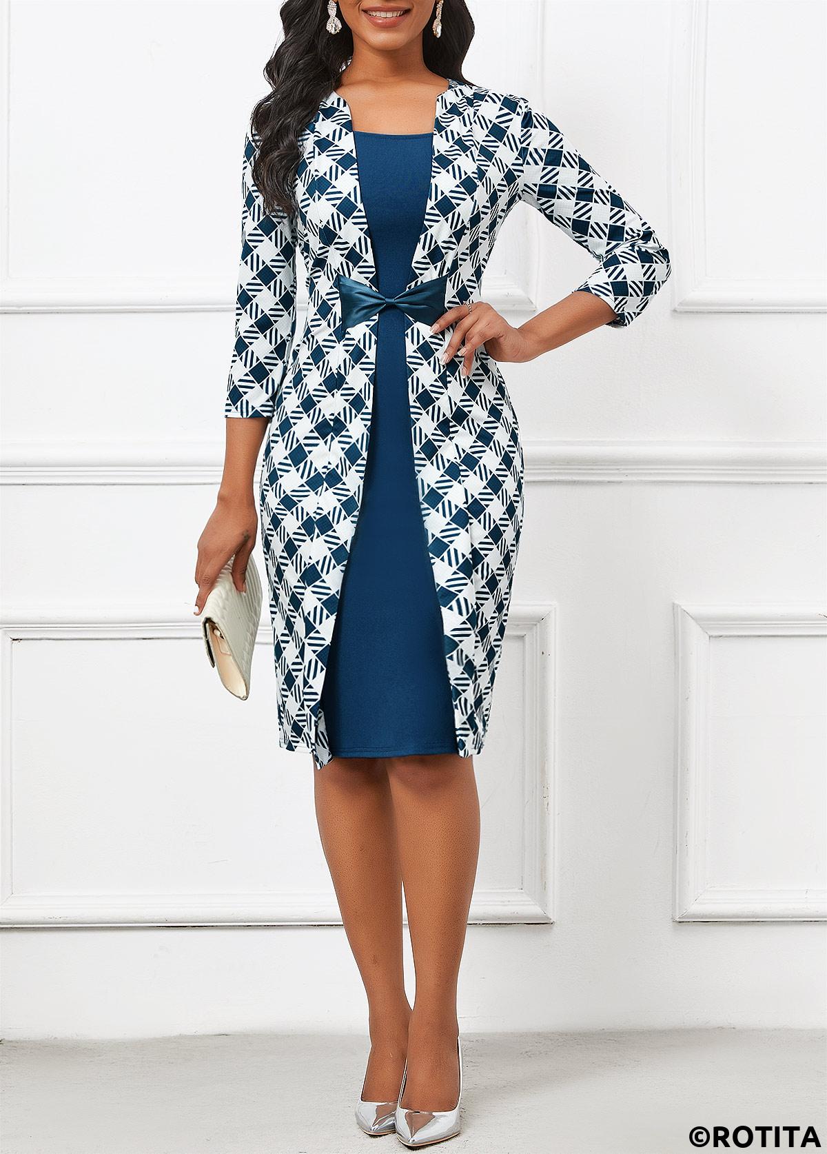 Blue dresses,Plaid dresses,Geometric dresses,Striped dresses,Wear to Work dresses,Work dresses,ROTITA Patchwork Plaid Blue Square Neck Dress