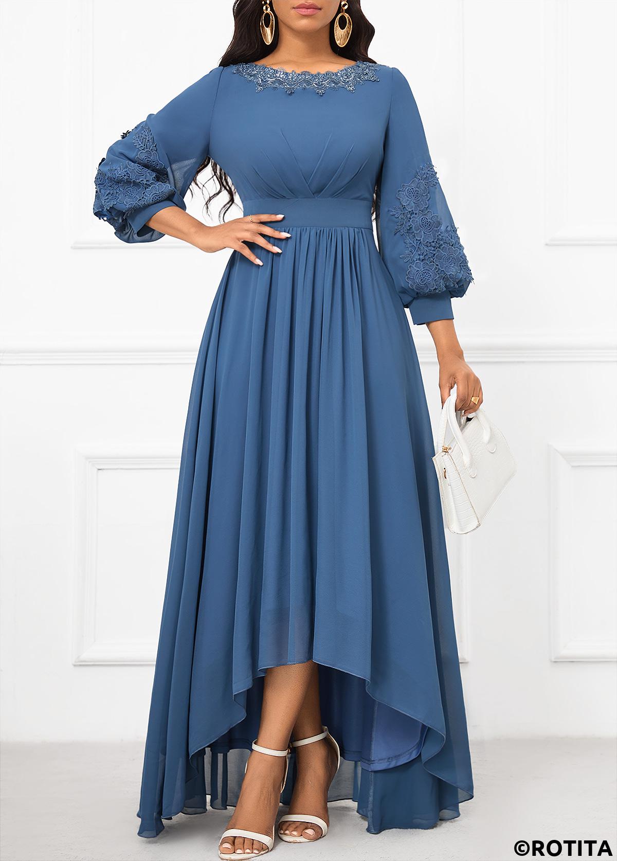 Dusty Blue dresses,Plain Color dresses,Party dresses,Elegant dresses,ROTITA Patchwork Dusty Blue Boat Neck Dress