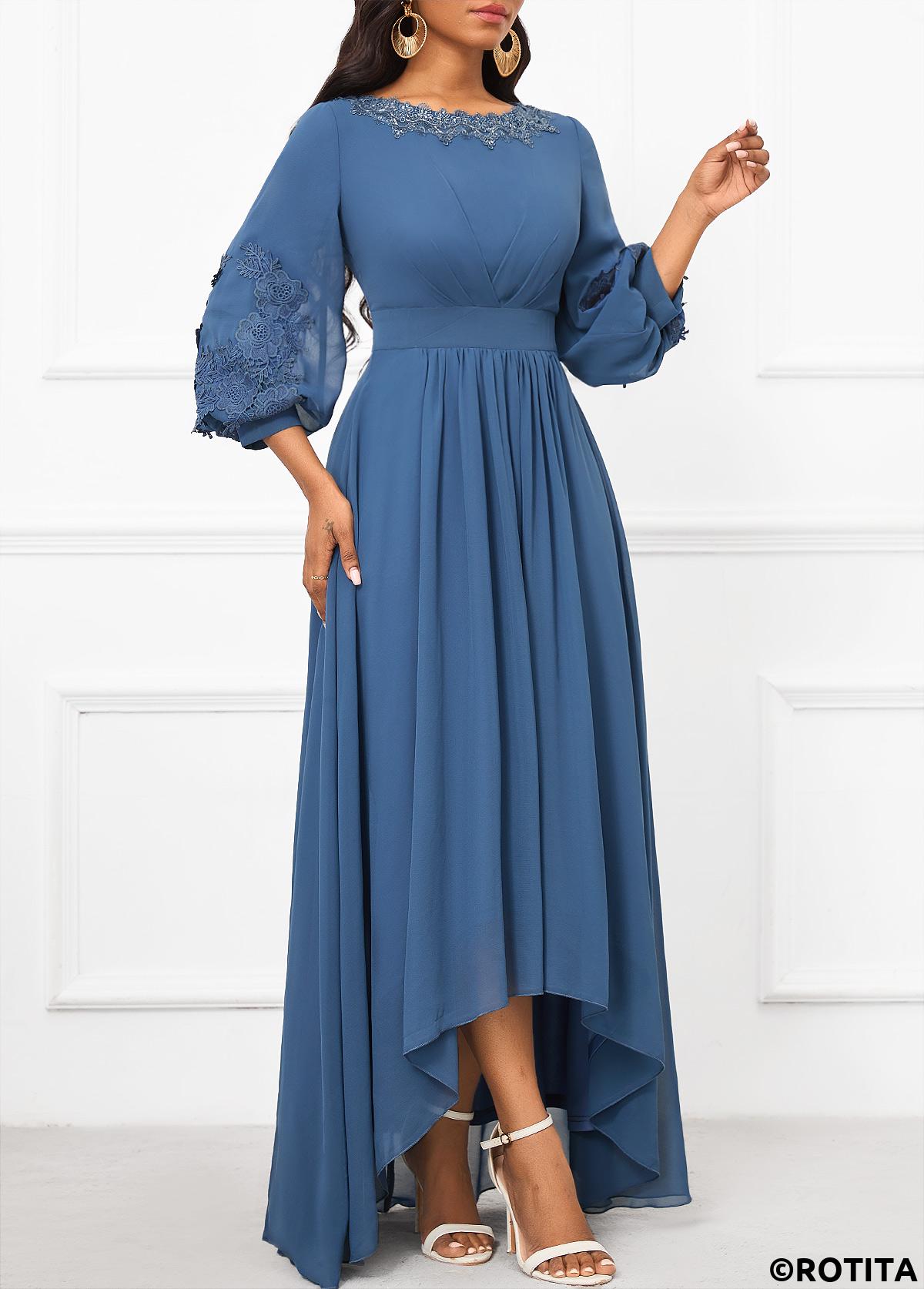 Dusty Blue dresses,Plain Color dresses,Party dresses,Elegant dresses,ROTITA Patchwork Dusty Blue Boat Neck Dress