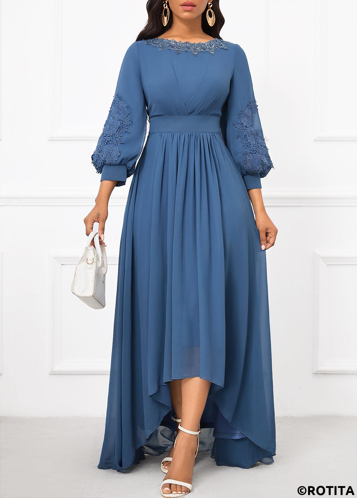 Dusty Blue dresses,Plain Color dresses,Party dresses,Elegant dresses,ROTITA Patchwork Dusty Blue Boat Neck Dress