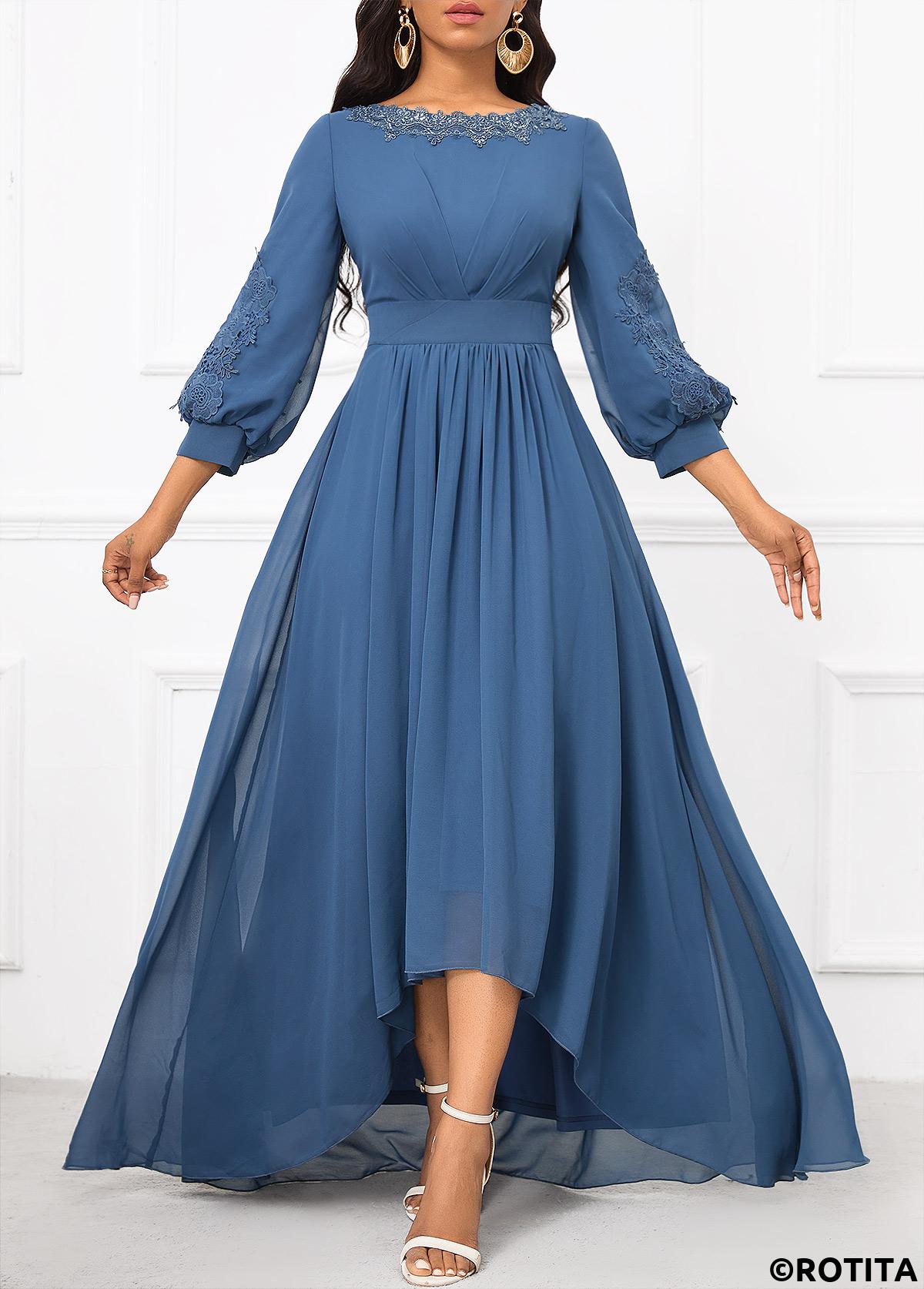 Dusty Blue dresses,Plain Color dresses,Party dresses,Elegant dresses,ROTITA Patchwork Dusty Blue Boat Neck Dress