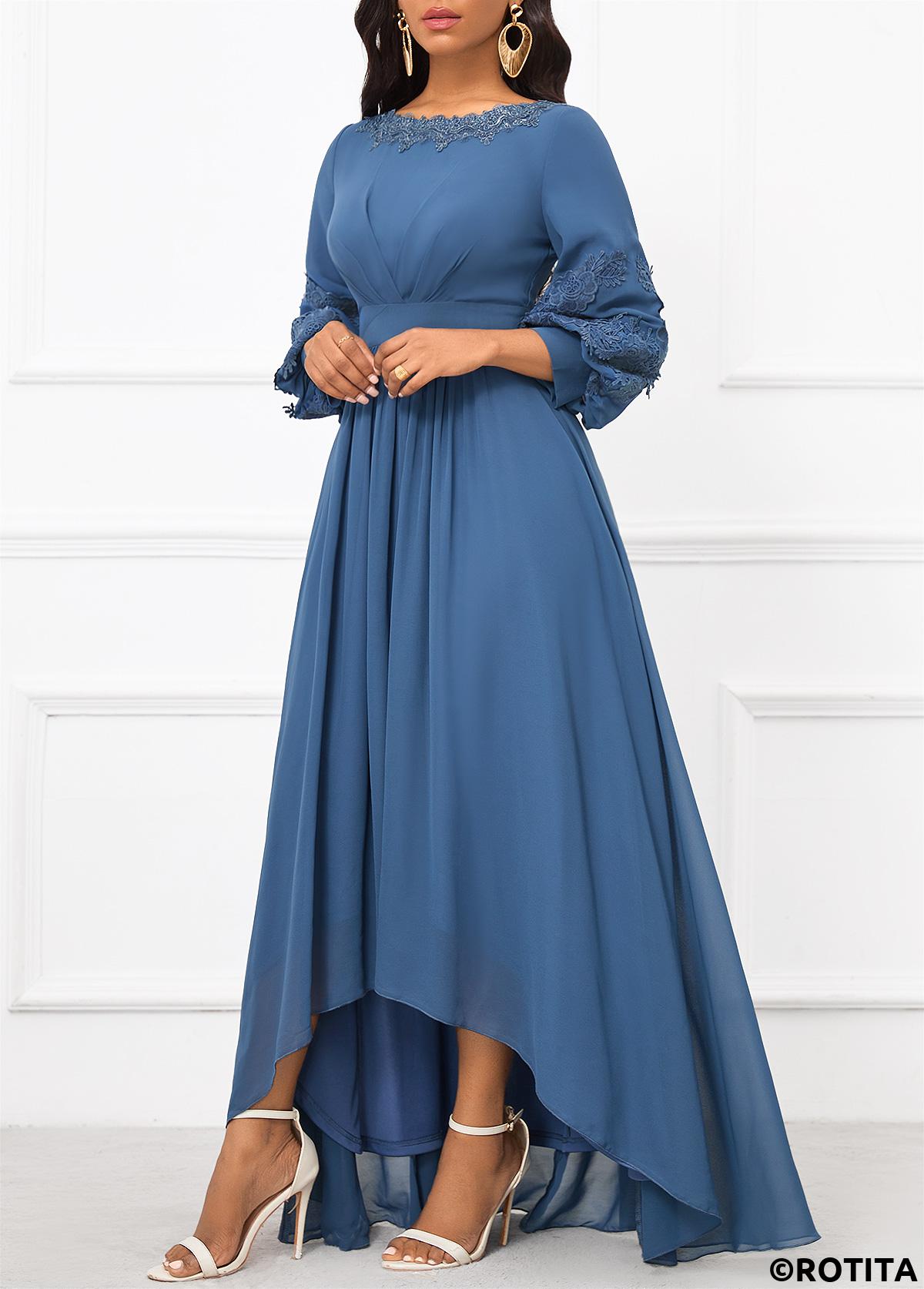 Dusty Blue dresses,Plain Color dresses,Party dresses,Elegant dresses,ROTITA Patchwork Dusty Blue Boat Neck Dress
