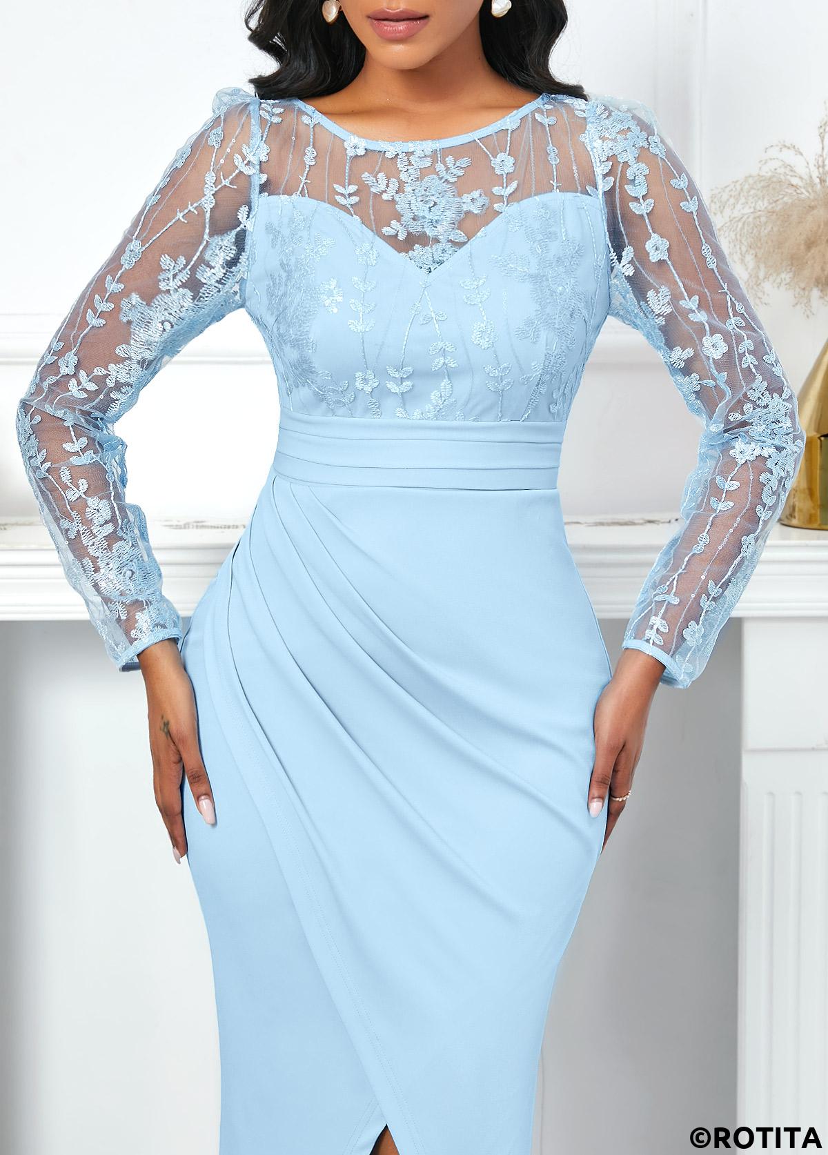 Light Blue dresses,Plain Color dresses,Party dresses,Elegant dresses,ROTITA Lace Light Blue Round Neck Dress