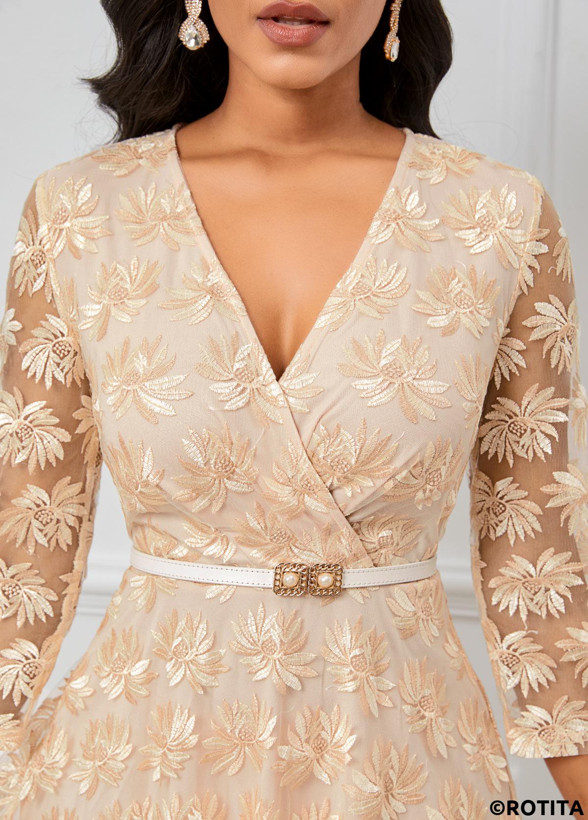 Champagne dresses,Plain Color dresses,Party dresses,Elegant dresses,ROTITA Embroidery Champagne V Neck Three Quarter Length Sleeve Dress