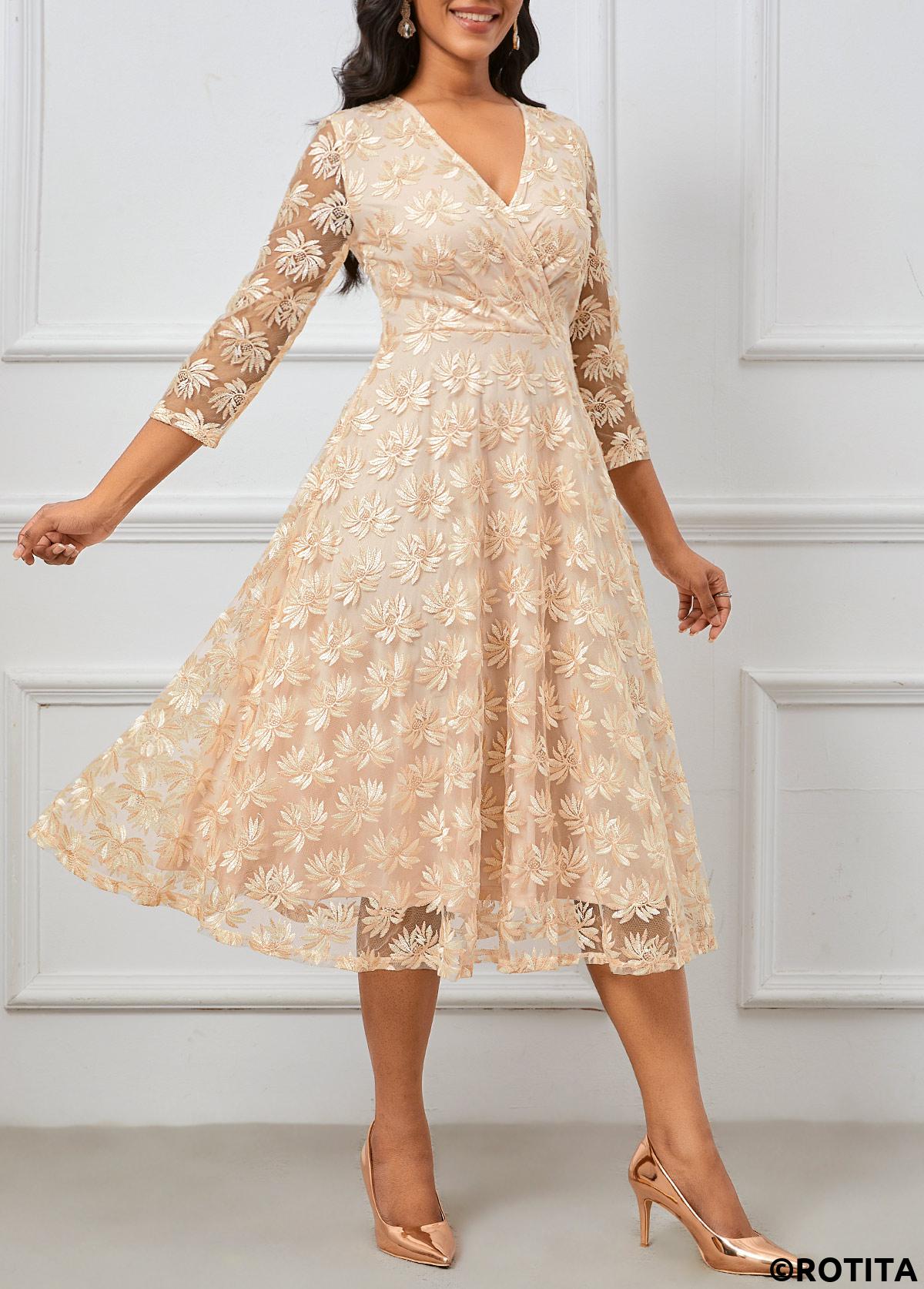 Champagne dresses,Plain Color dresses,Party dresses,Elegant dresses,ROTITA Embroidery Champagne V Neck Three Quarter Length Sleeve Dress