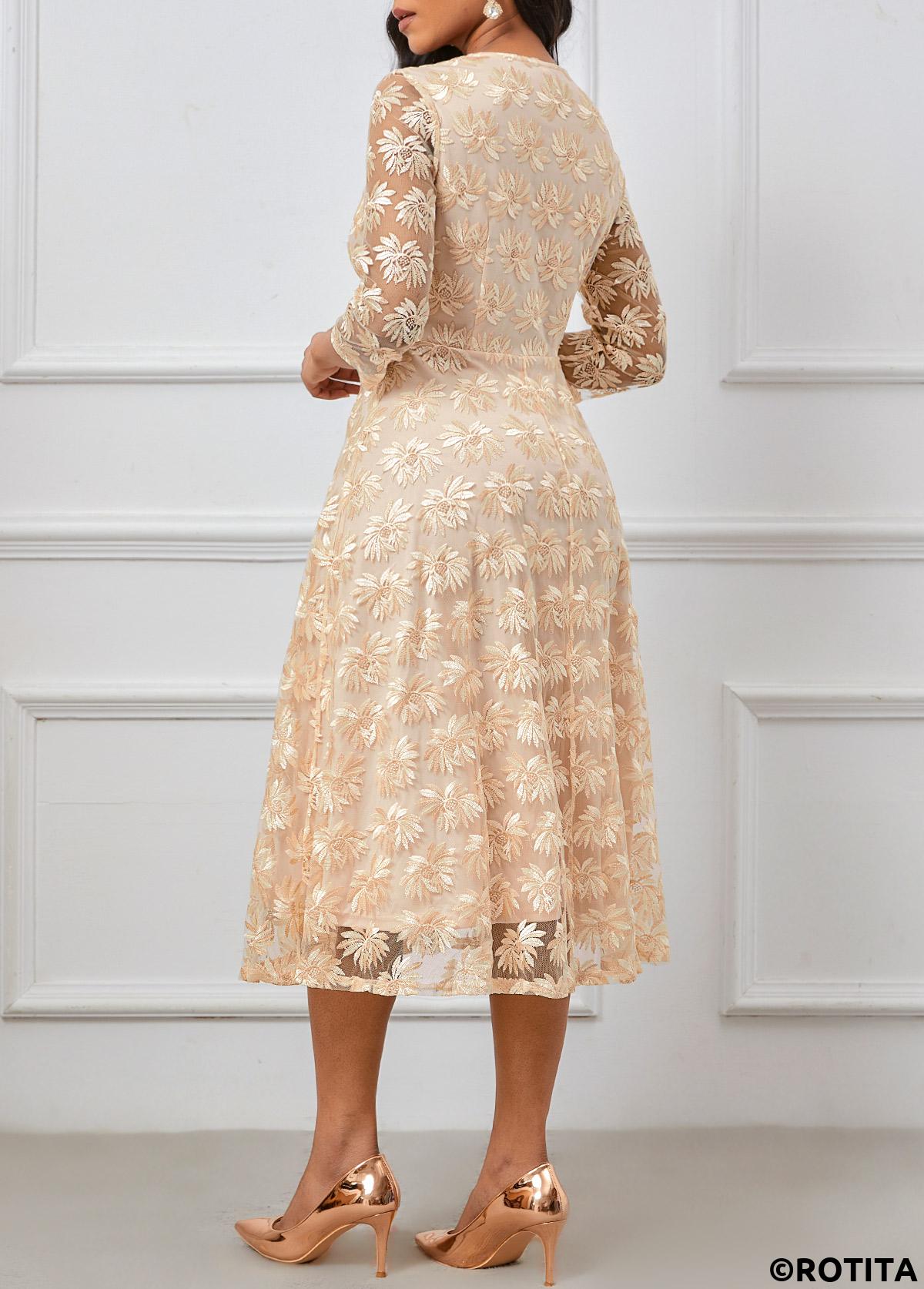 Champagne dresses,Plain Color dresses,Party dresses,Elegant dresses,ROTITA Embroidery Champagne V Neck Three Quarter Length Sleeve Dress