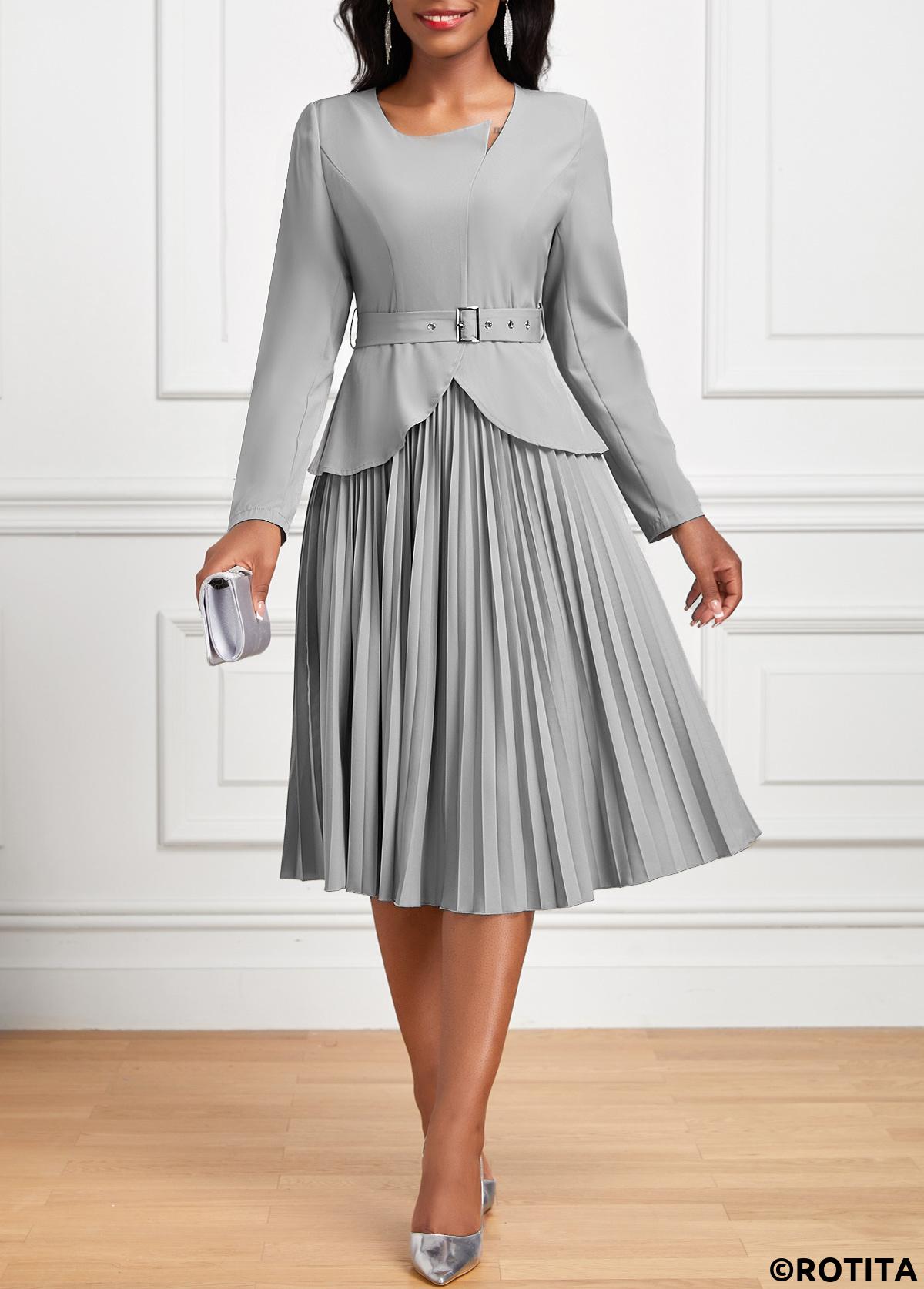 ROTITA Pleated Grey Belted Asymmetrical Neck Long Sleeve Dress