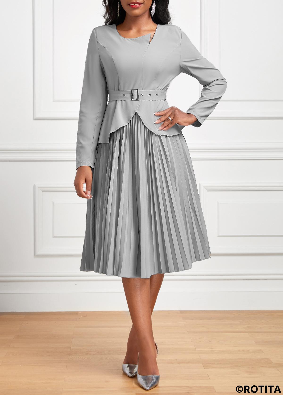 ROTITA Pleated Grey Belted Asymmetrical Neck Long Sleeve Dress