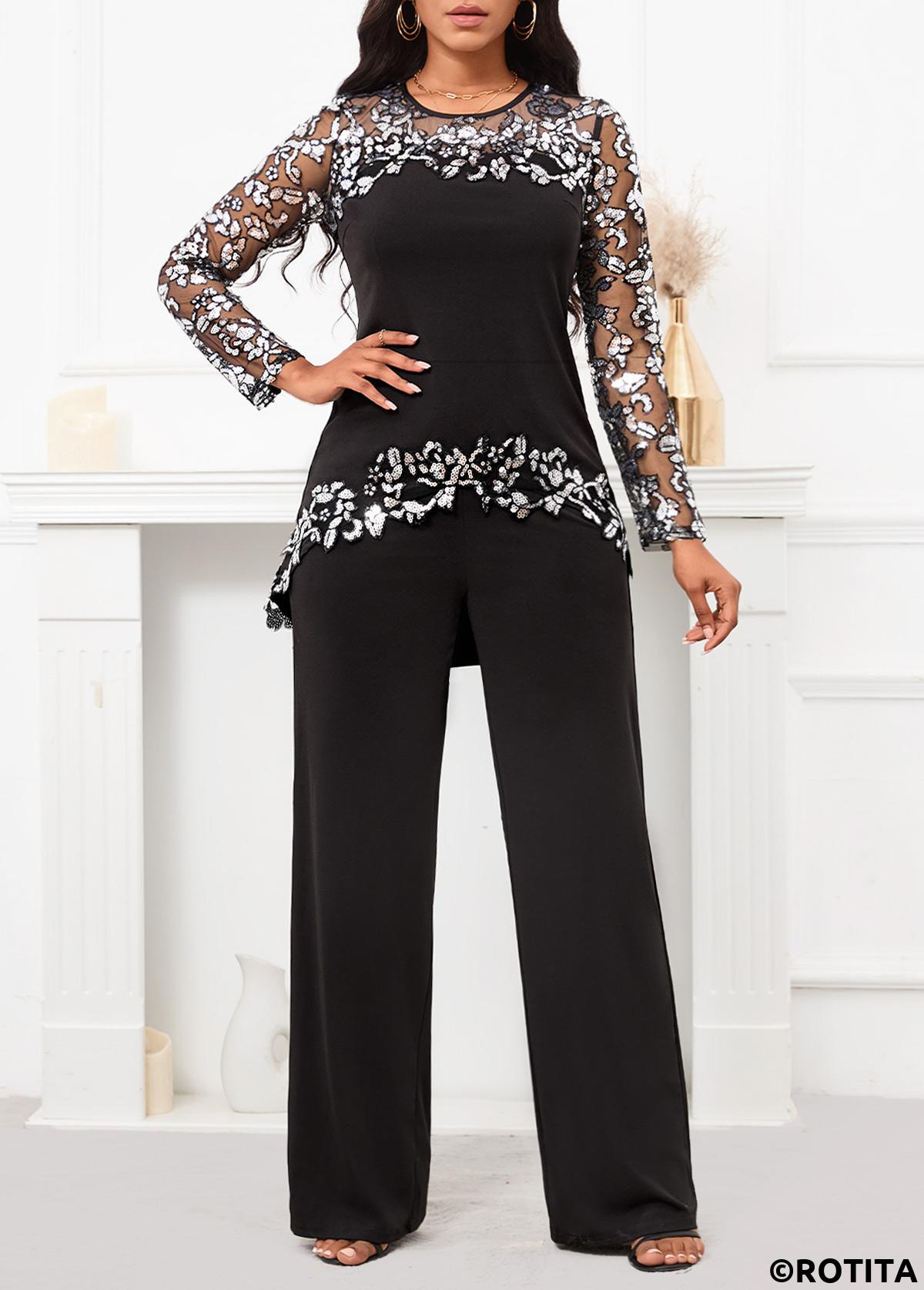 Black jumpsuits&rompers,Contrast Color jumpsuits&rompers,ROTITA Embroidery Black Long Straight Leg TOP  and Pants