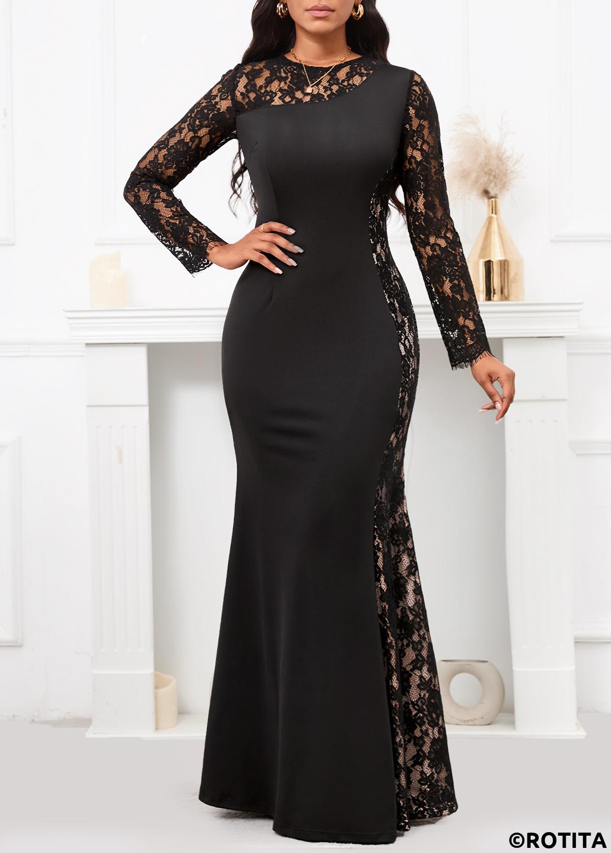 Black dresses,Plain Color dresses,Party dresses,Elegant dresses,ROTITA Patchwork Black Round Neck Long Sleeve Maxi Bodycon Dress