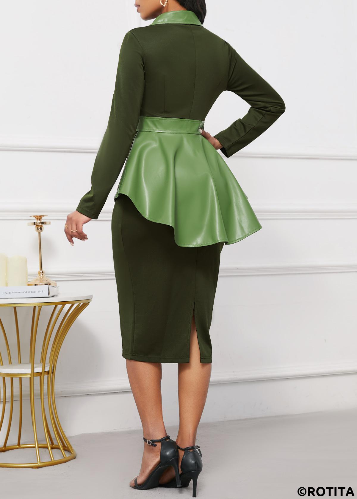 Blackish Green dresses,Contrast Color dresses,Wear to Work dresses,Work dresses,ROTITA Vegan Leather Blackish Green Shirt Collar Dress