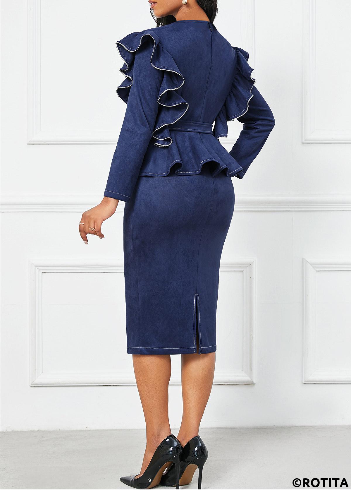 Navy dresses,Plain Color dresses,Party dresses,Elegant dresses,ROTITA Ruffle Navy Belted Lapel Long Sleeve Dress