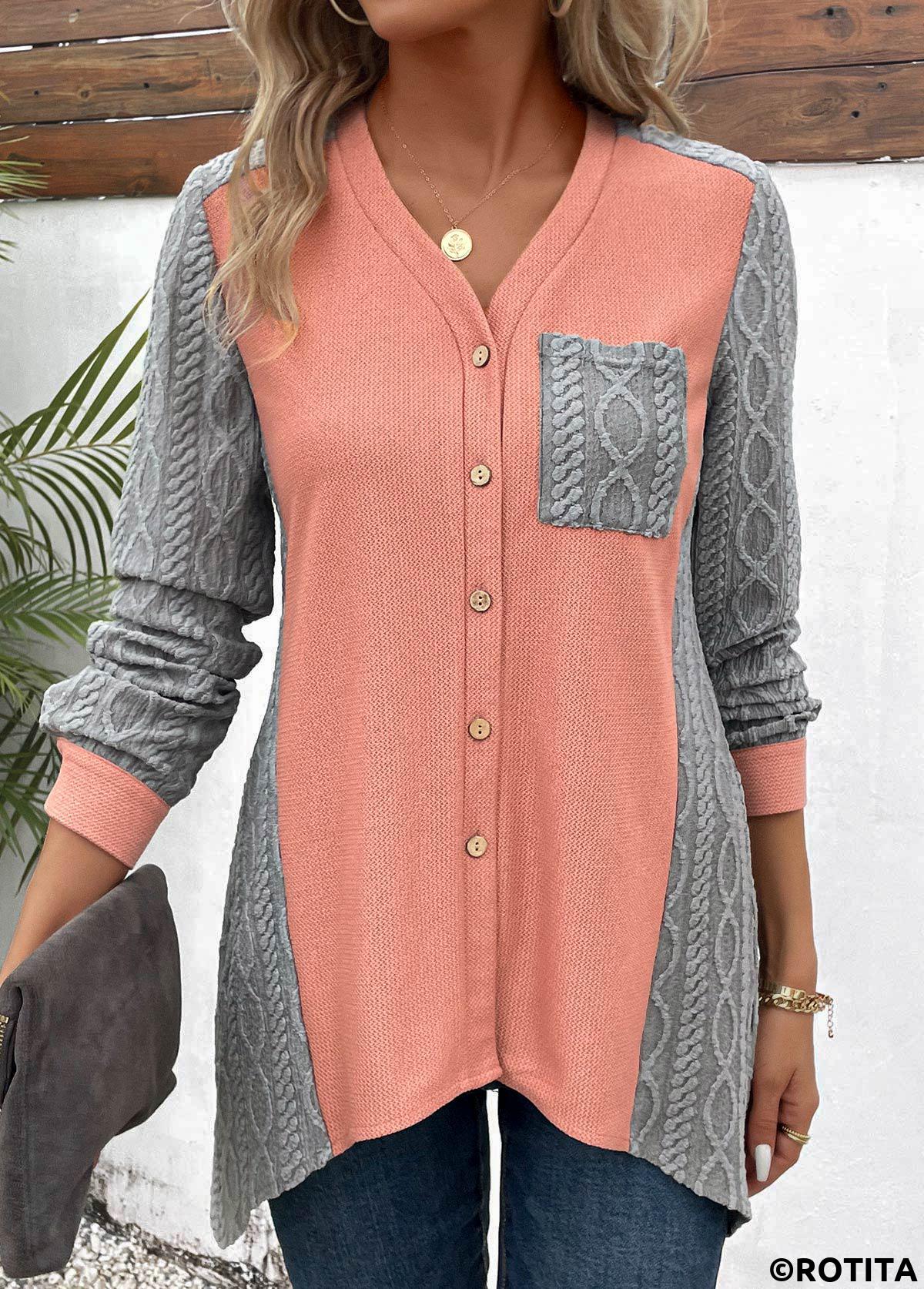 Orange tops,Grey tops,Contrast Color tops,ROTITA Patchwork Orange V Neck Long Sleeve Blouse