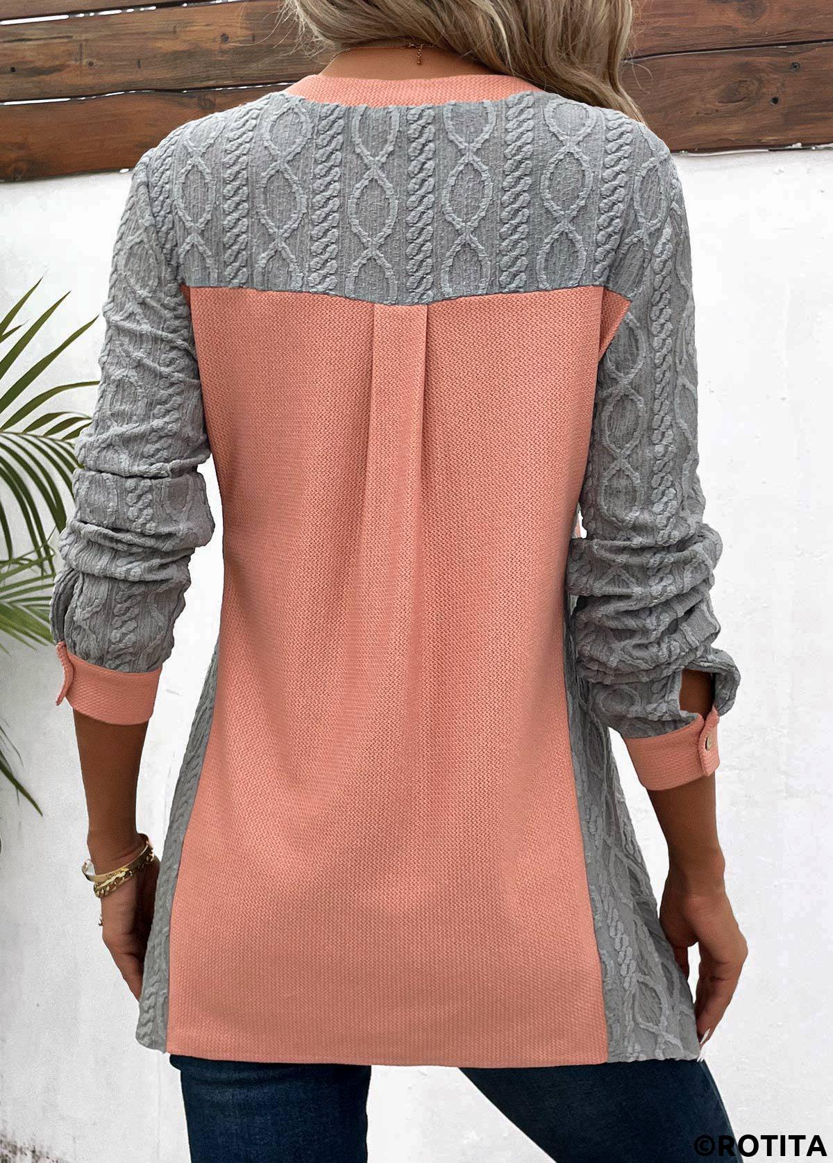 Orange tops,Grey tops,Contrast Color tops,ROTITA Patchwork Orange V Neck Long Sleeve Blouse
