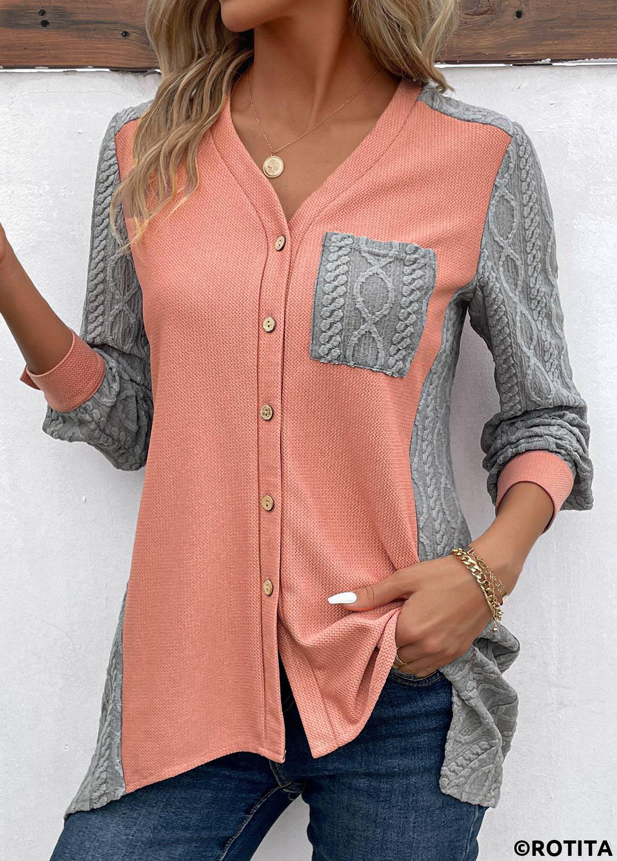 Orange tops,Grey tops,Contrast Color tops,ROTITA Patchwork Orange V Neck Long Sleeve Blouse
