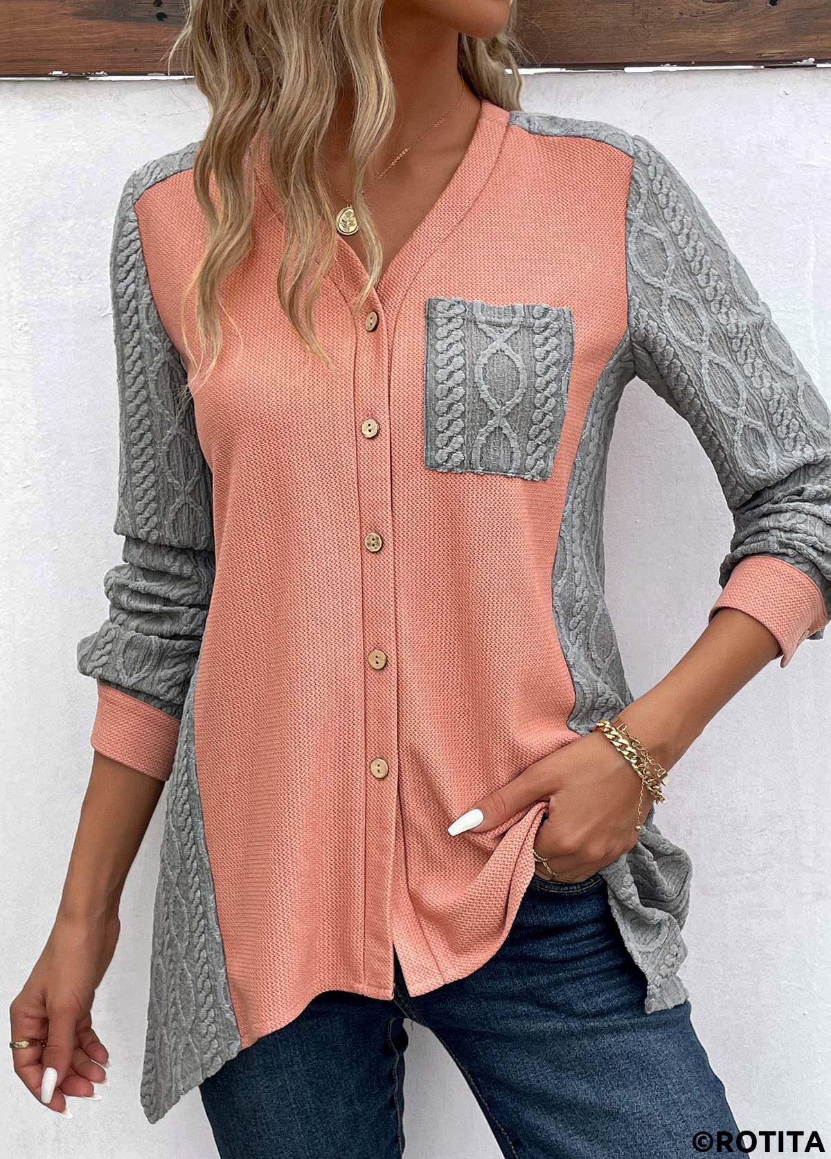 Orange tops,Grey tops,Contrast Color tops,ROTITA Patchwork Orange V Neck Long Sleeve Blouse