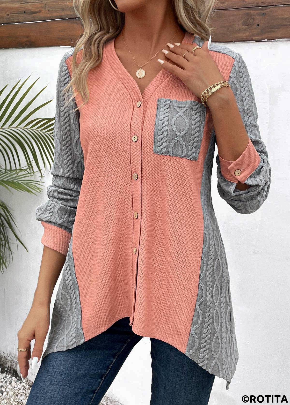 Orange tops,Grey tops,Contrast Color tops,ROTITA Patchwork Orange V Neck Long Sleeve Blouse