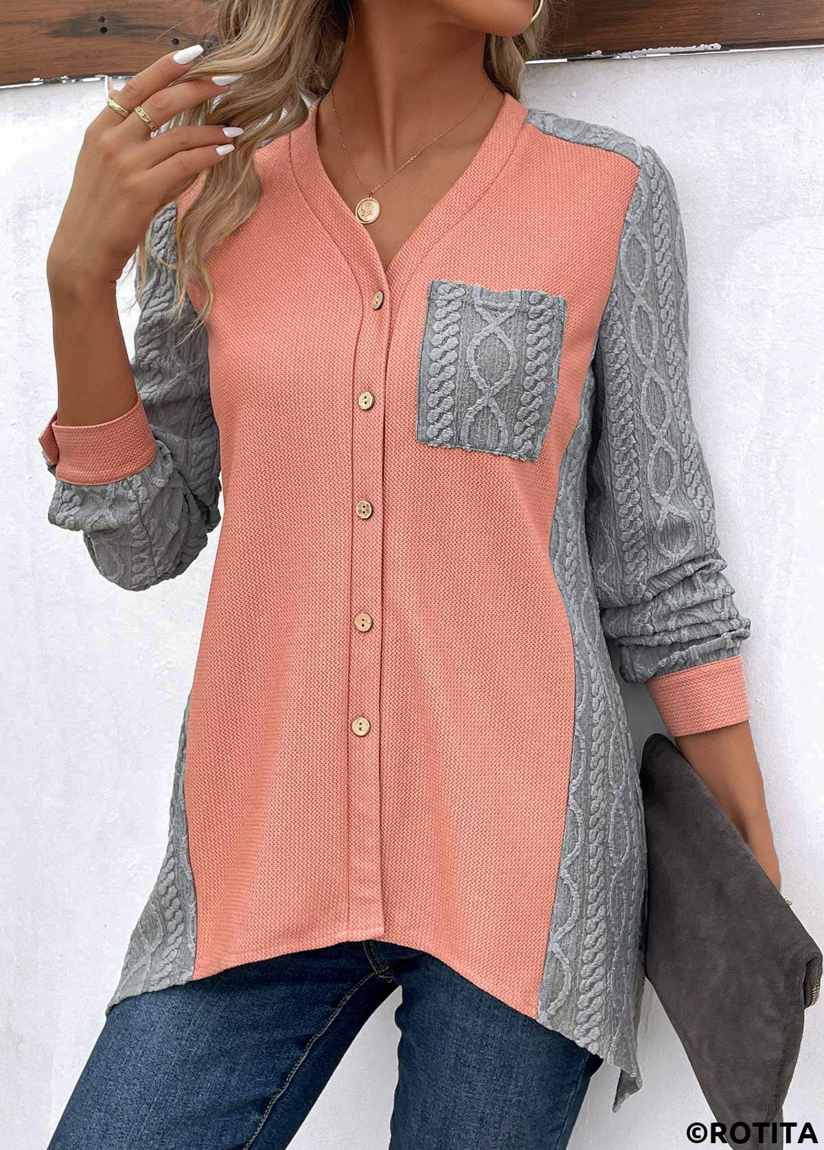 Orange tops,Grey tops,Contrast Color tops,ROTITA Patchwork Orange V Neck Long Sleeve Blouse