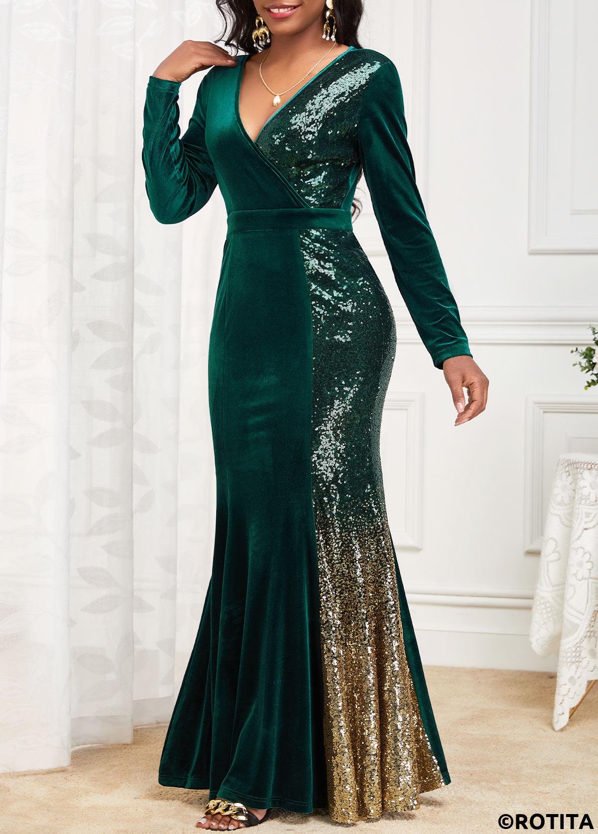 Blackish Green dresses,Ombre dresses,Party dresses,Elegant dresses,ROTITA Mermaid Ombre Blackish Green Cross Collar Maxi Bodycon Dress