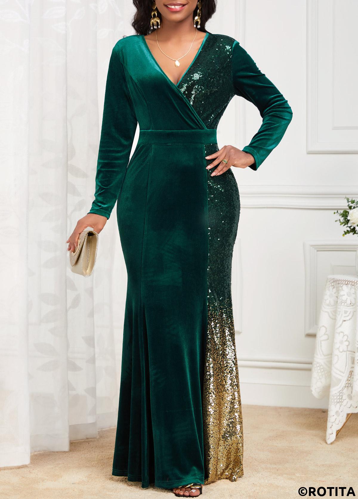 Blackish Green dresses,Ombre dresses,Party dresses,Elegant dresses,ROTITA Mermaid Ombre Blackish Green Cross Collar Maxi Bodycon Dress