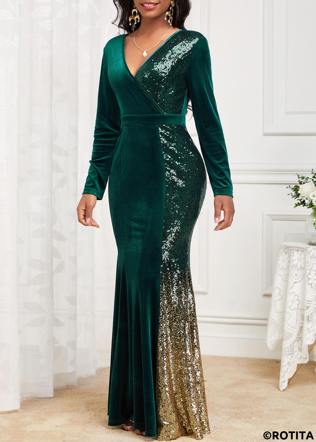 Blackish Green dresses,Ombre dresses,Party dresses,Elegant dresses,ROTITA Mermaid Ombre Blackish Green Cross Collar Maxi Bodycon Dress