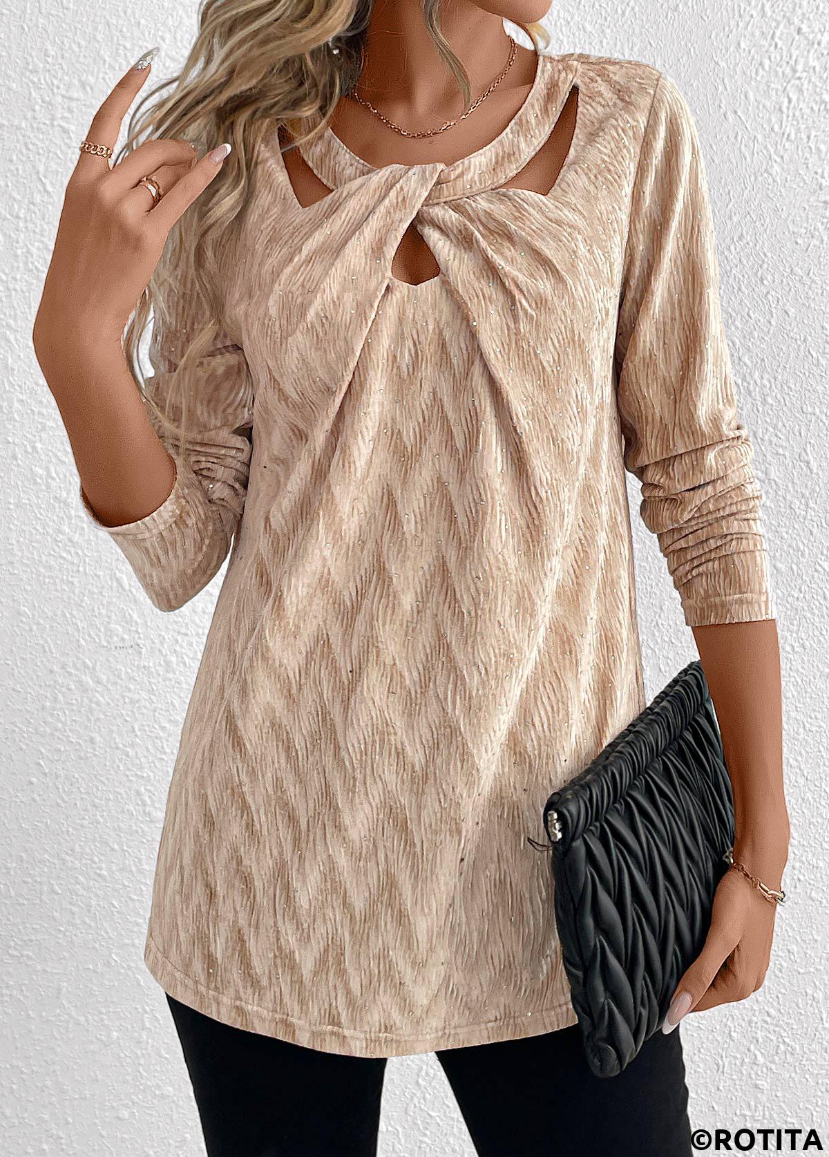 Champagne tops,Plain Color tops,ROTITA Velvet Champagne Long Sleeve T Shirt