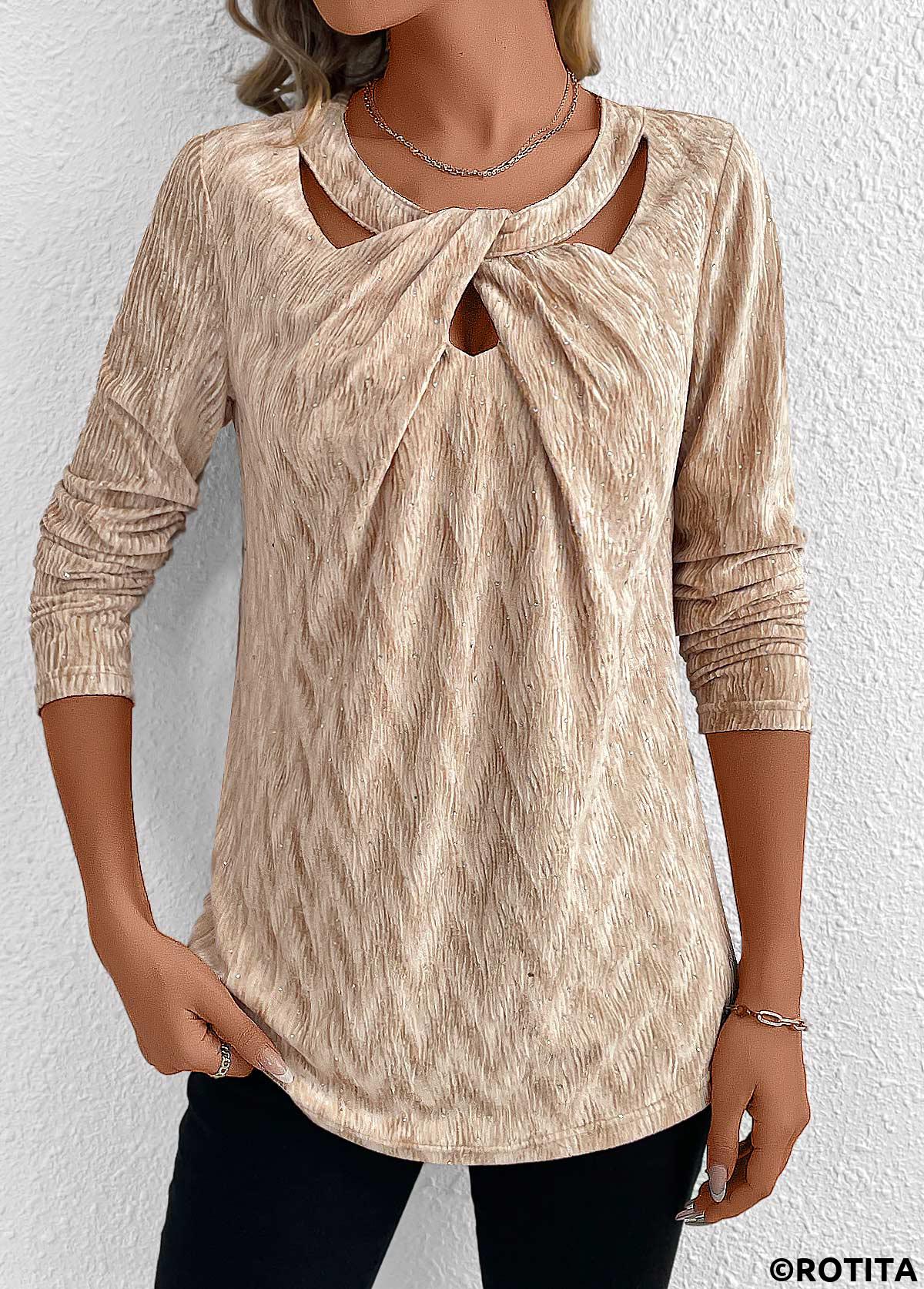 Champagne tops,Plain Color tops,ROTITA Velvet Champagne Long Sleeve T Shirt