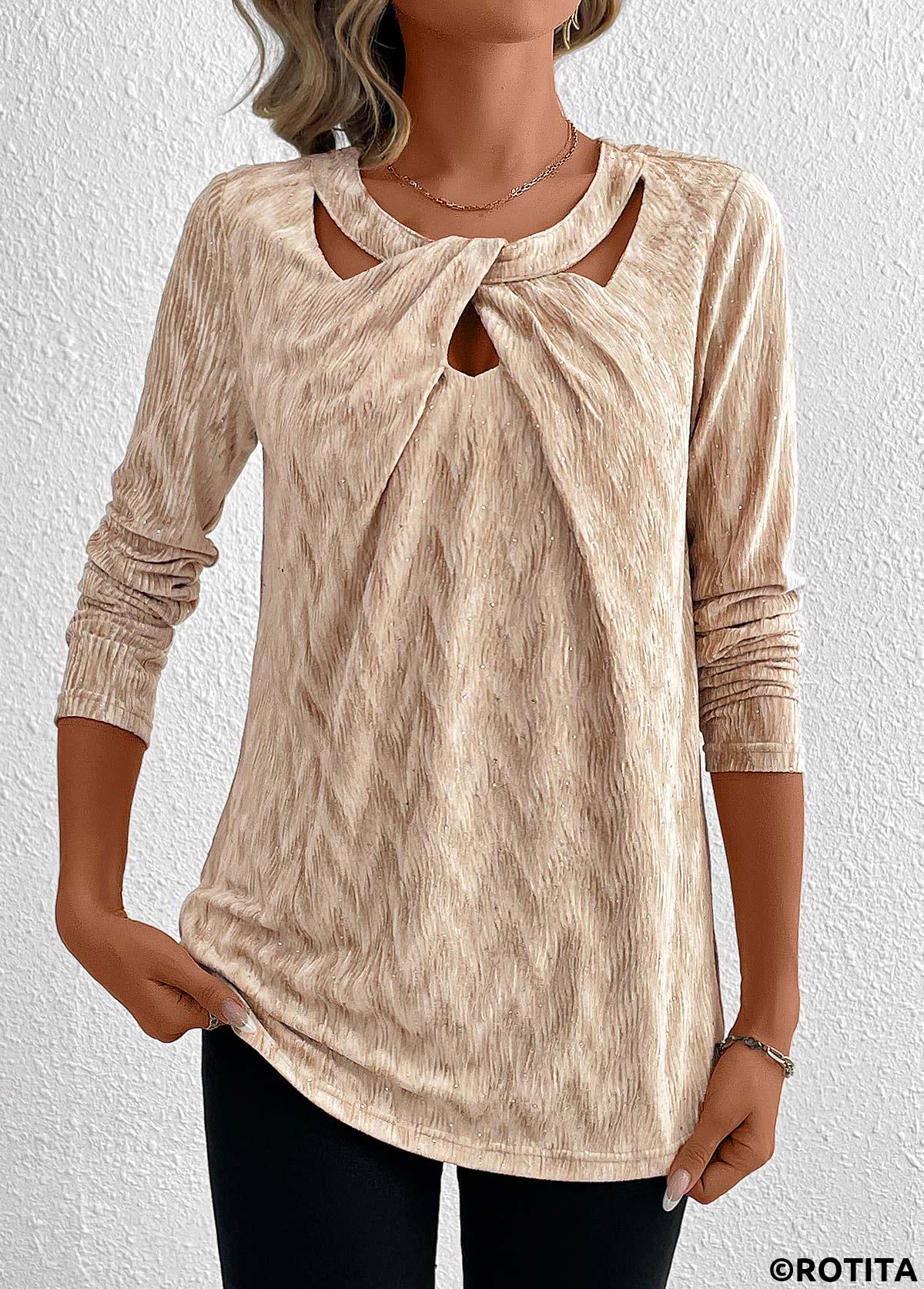 Champagne tops,Plain Color tops,ROTITA Velvet Champagne Long Sleeve T Shirt