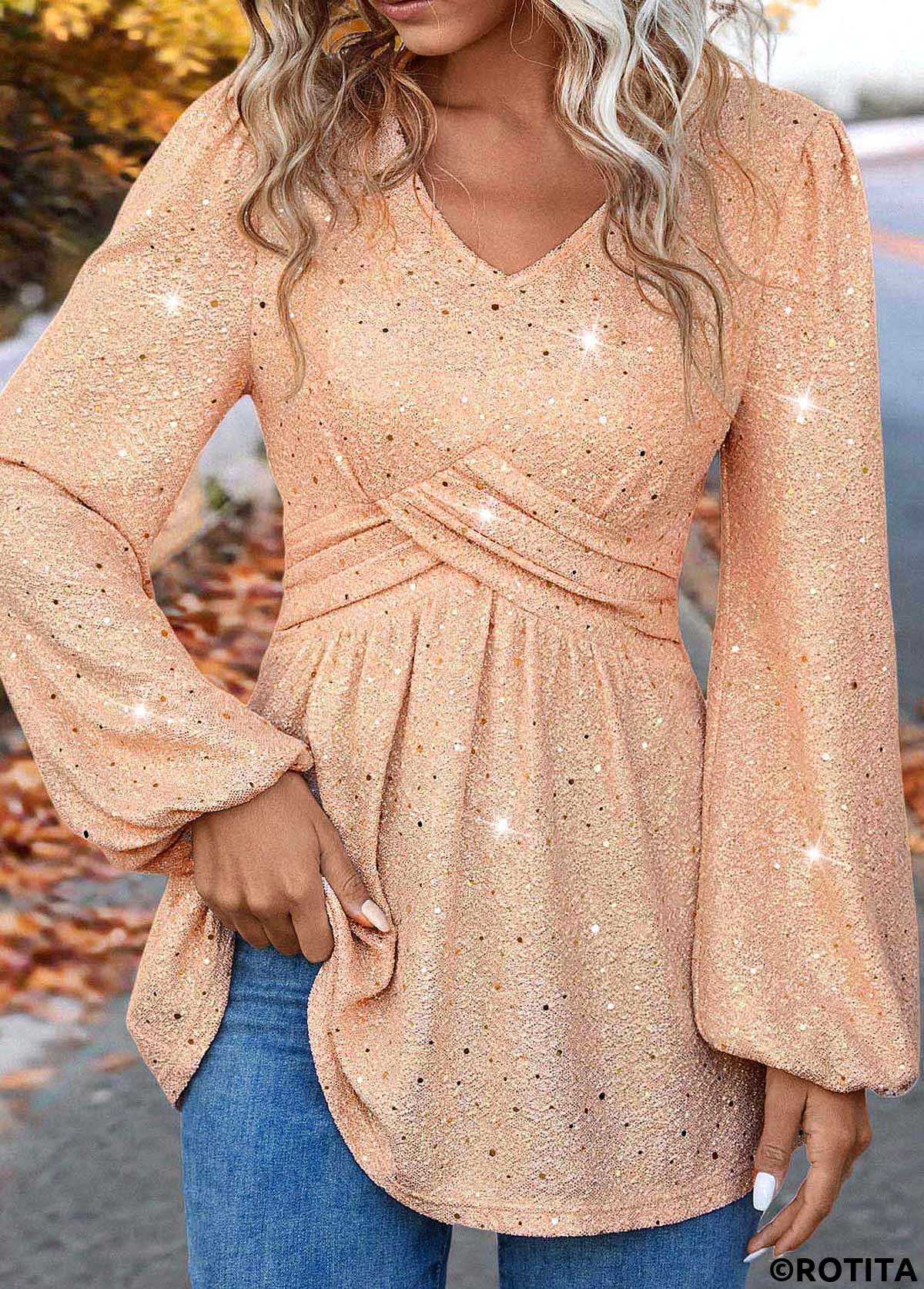 Light Pink tops,Plain Color tops,ROTITA Hot Stamping Light Pink V Neck Long Sleeve Blouse
