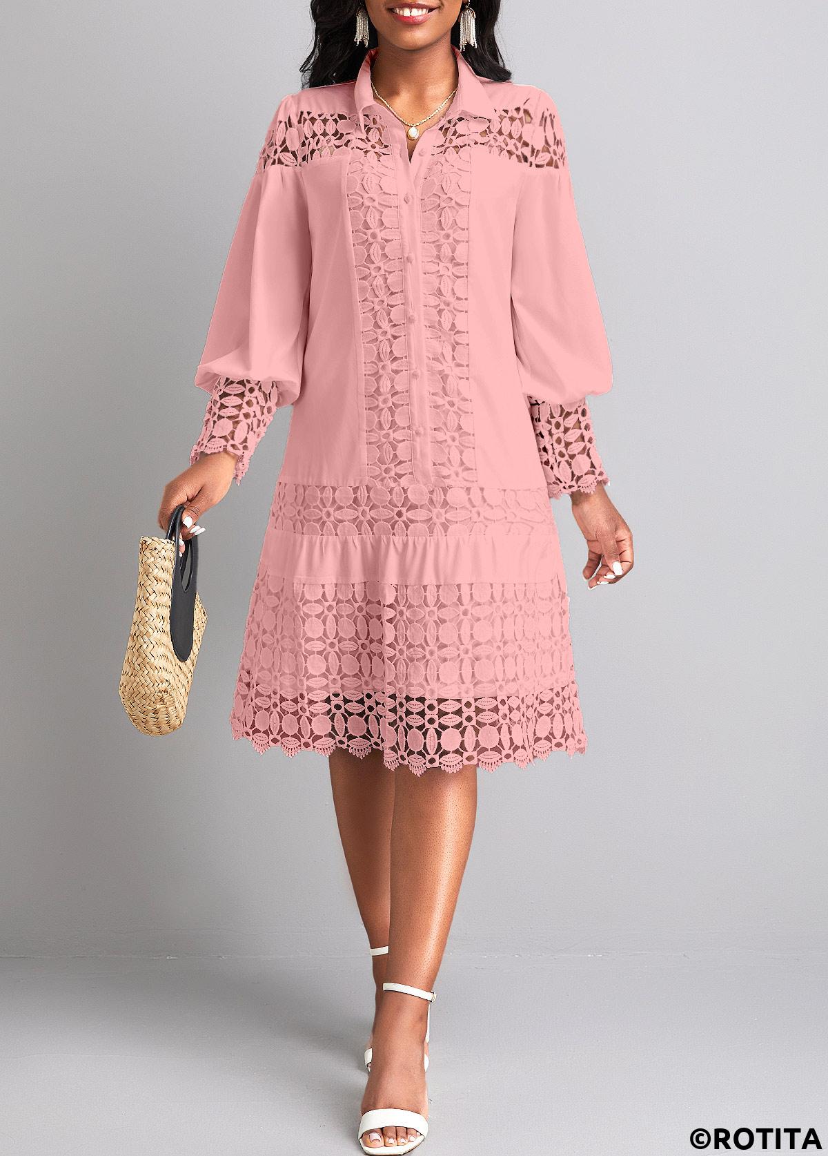 ROTITA Lace Light Pink Shirt Collar Long Sleeve Shift Dress