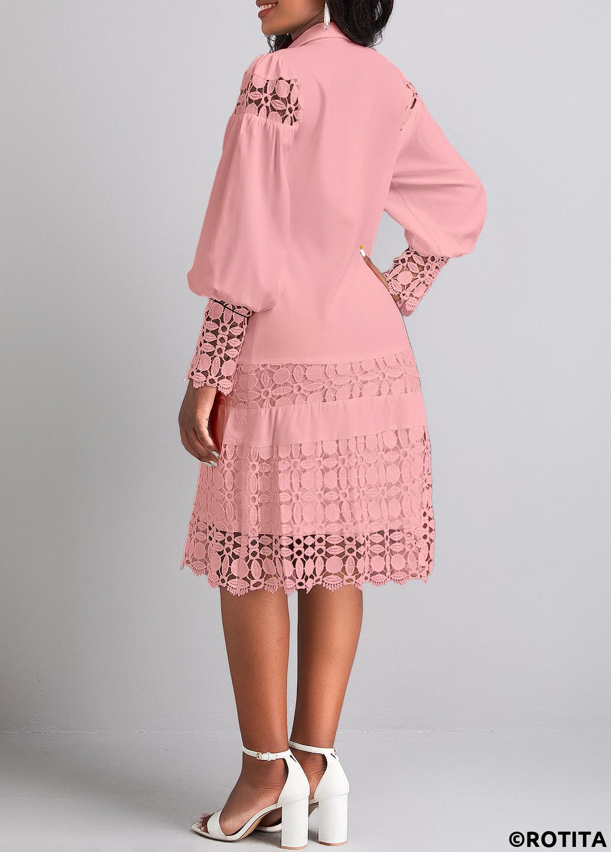 ROTITA Lace Light Pink Shirt Collar Long Sleeve Shift Dress