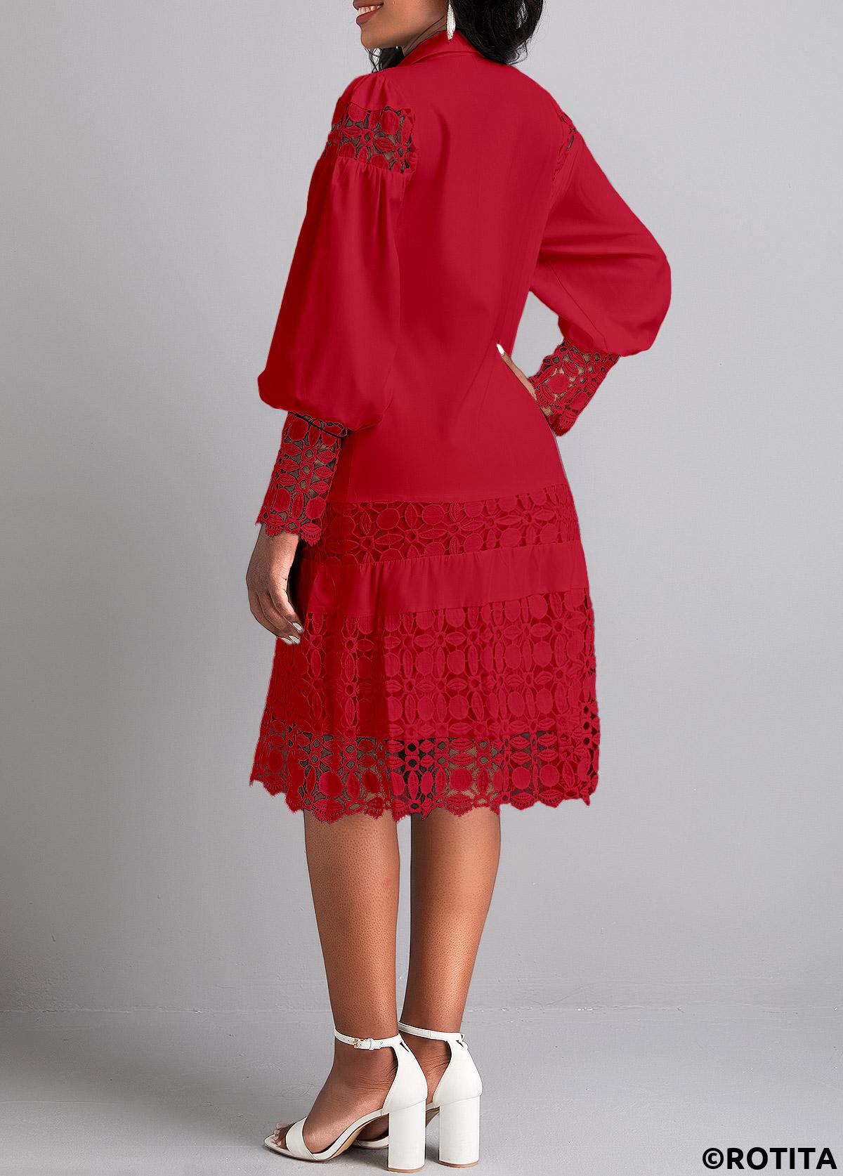 Wine Red dresses,Plain Color dresses,Party dresses,Elegant dresses,ROTITA Lace Wine Red Shirt Collar Long Sleeve Shift Dress